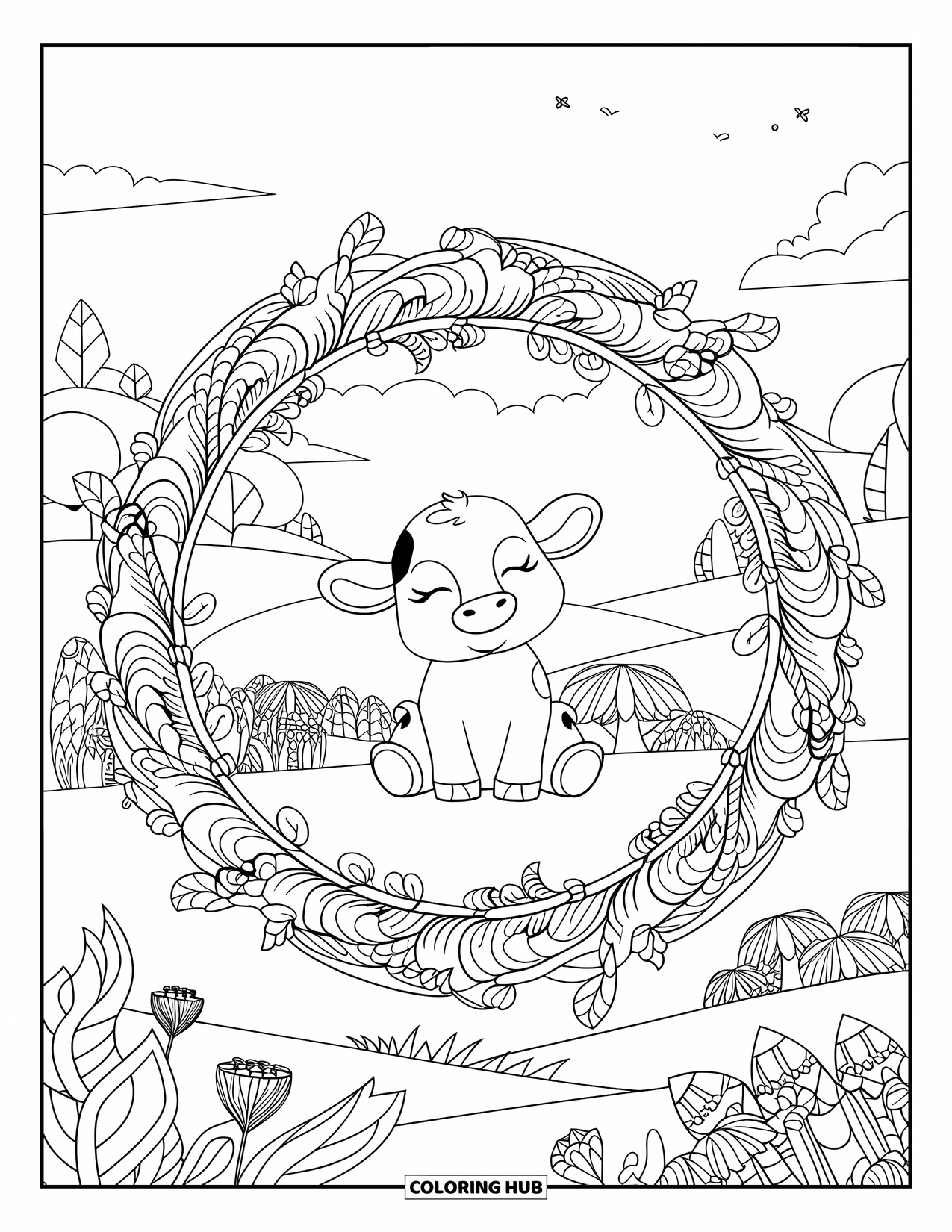 Baby Cow Coloring Page for Adults: A baby cow sits peacefully in a mandala of swirling vines, leaves, and petals