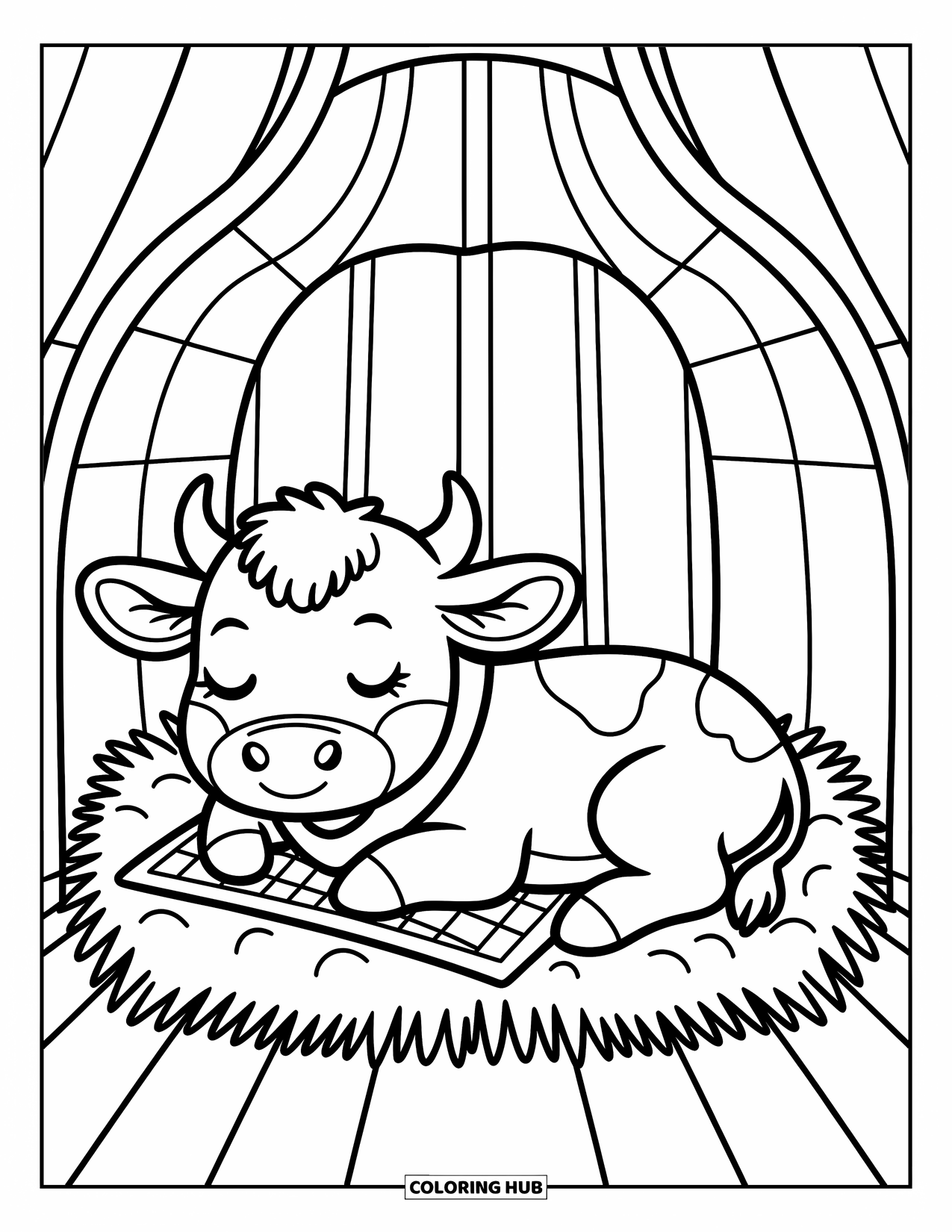 Baby Cow Coloring Page for Adults: A baby cow sleeps soundly on hay inside a small barn with curved wooden beams