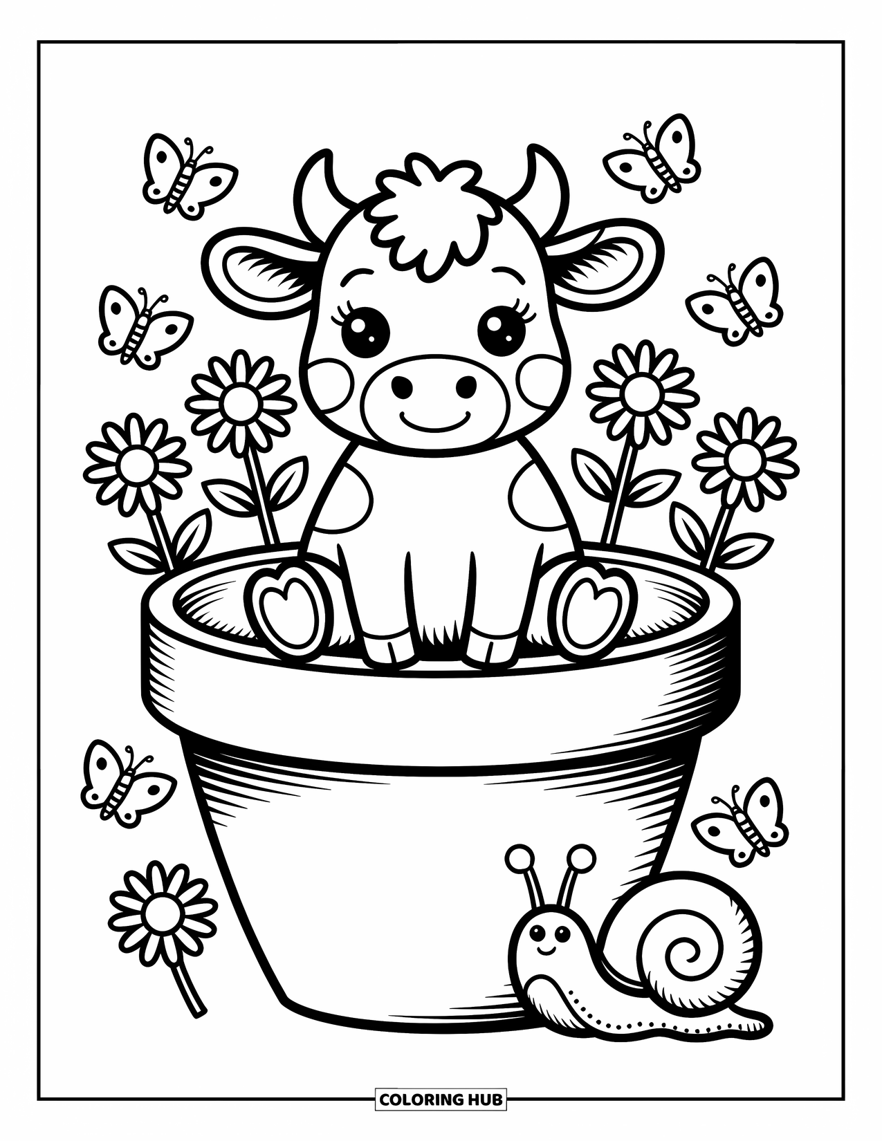 Baby Cow Coloring Page for Adults: A baby cow snuggles in a flower pot as butterflies dance and a snail watches