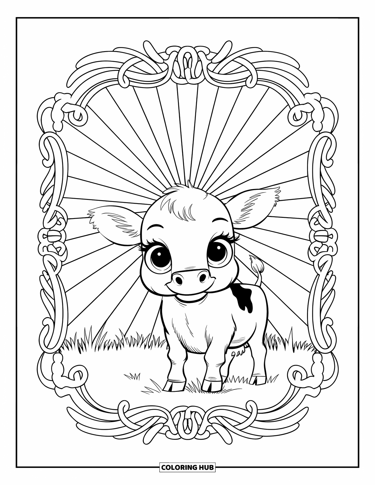 Baby Cow Coloring Page for Adults: A baby cow stands beneath a bright sunburst and elegant baroque-style designs