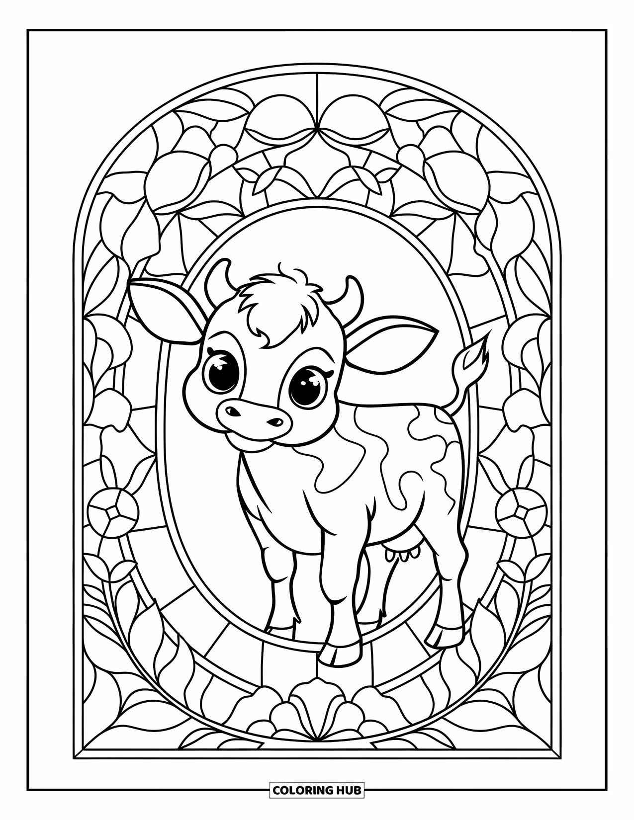 Baby Cow Coloring Page for Adults: A baby cow stands in a floral stained glass frame with soft curved shapes