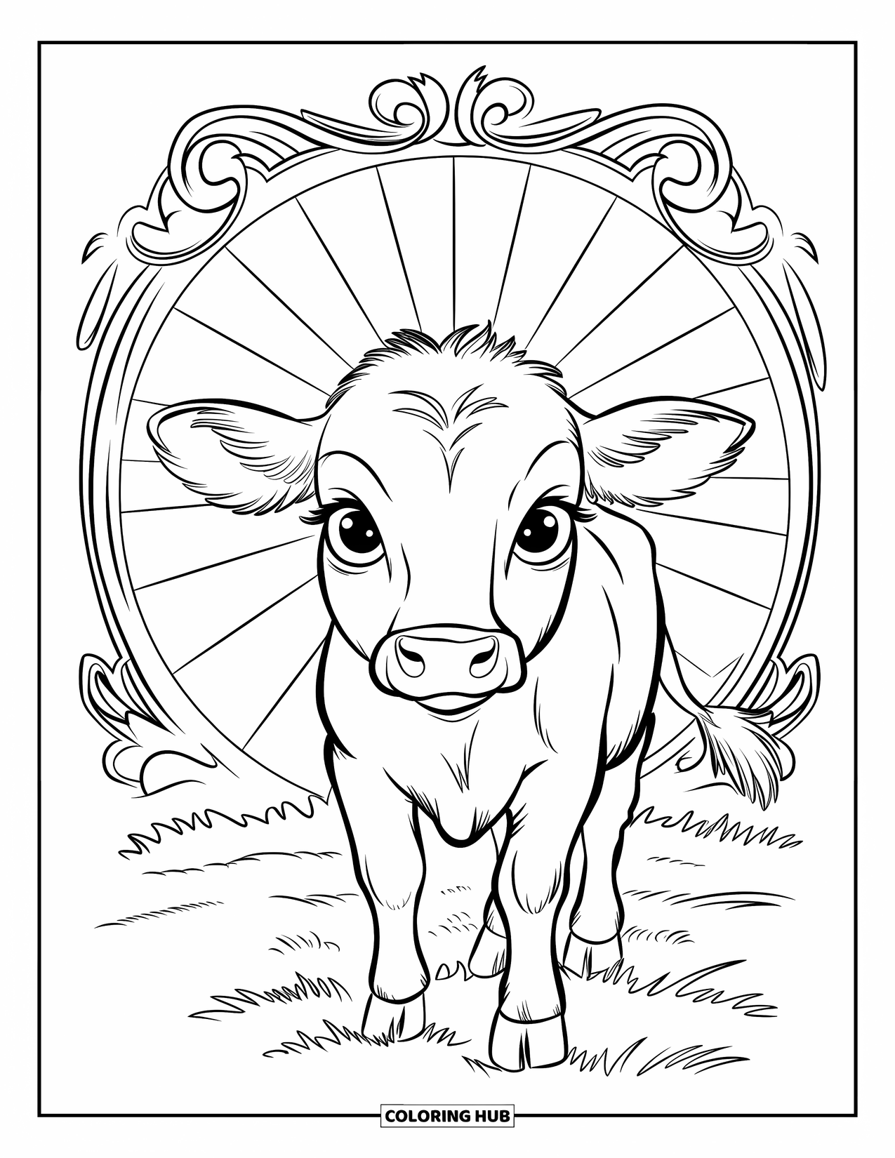 Baby Cow Coloring Page for Adults: A baby cow stands in a grassy field beneath a sunburst and baroque swirls