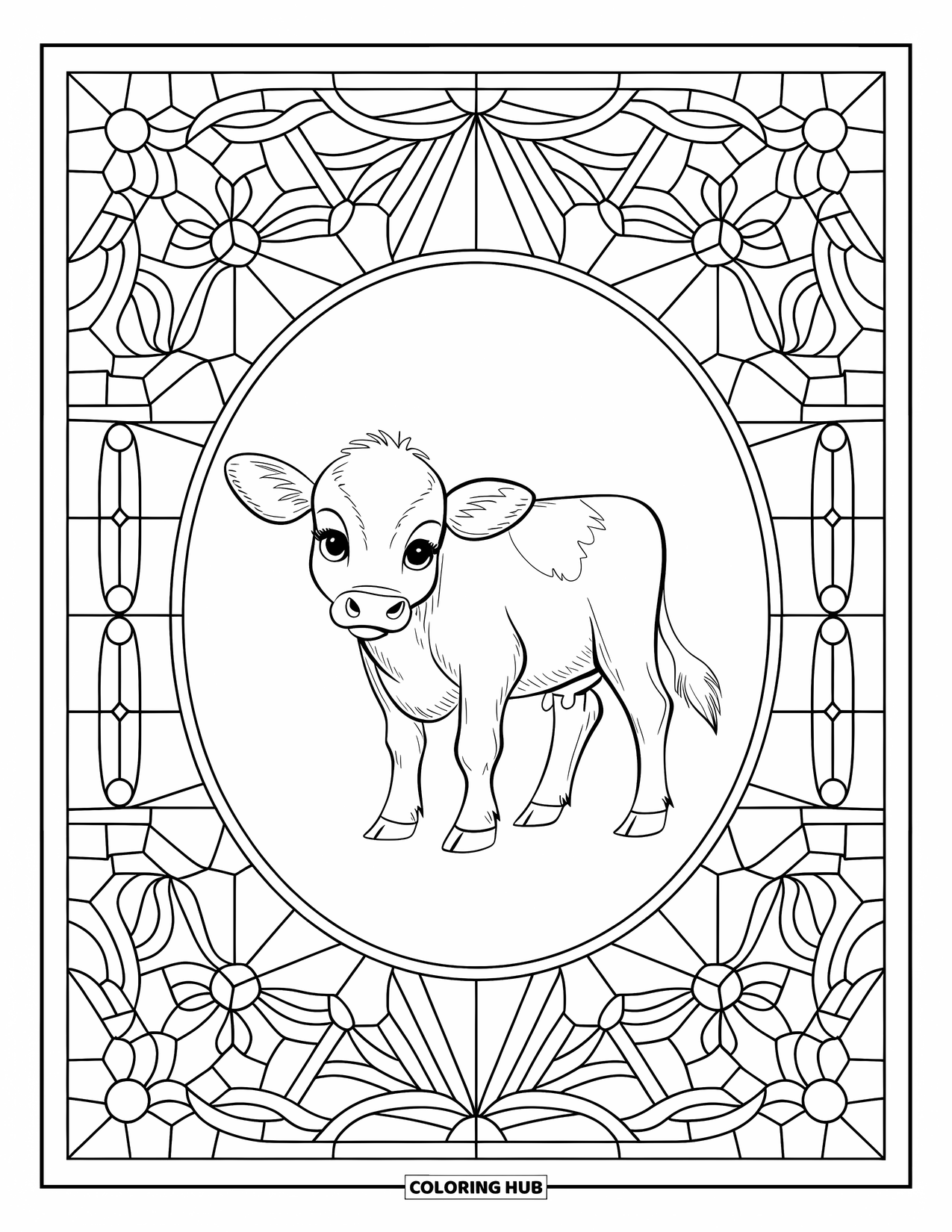 Baby Cow Coloring Page for Adults: A baby cow stands in a stained glass frame with curved floral and geometric panels