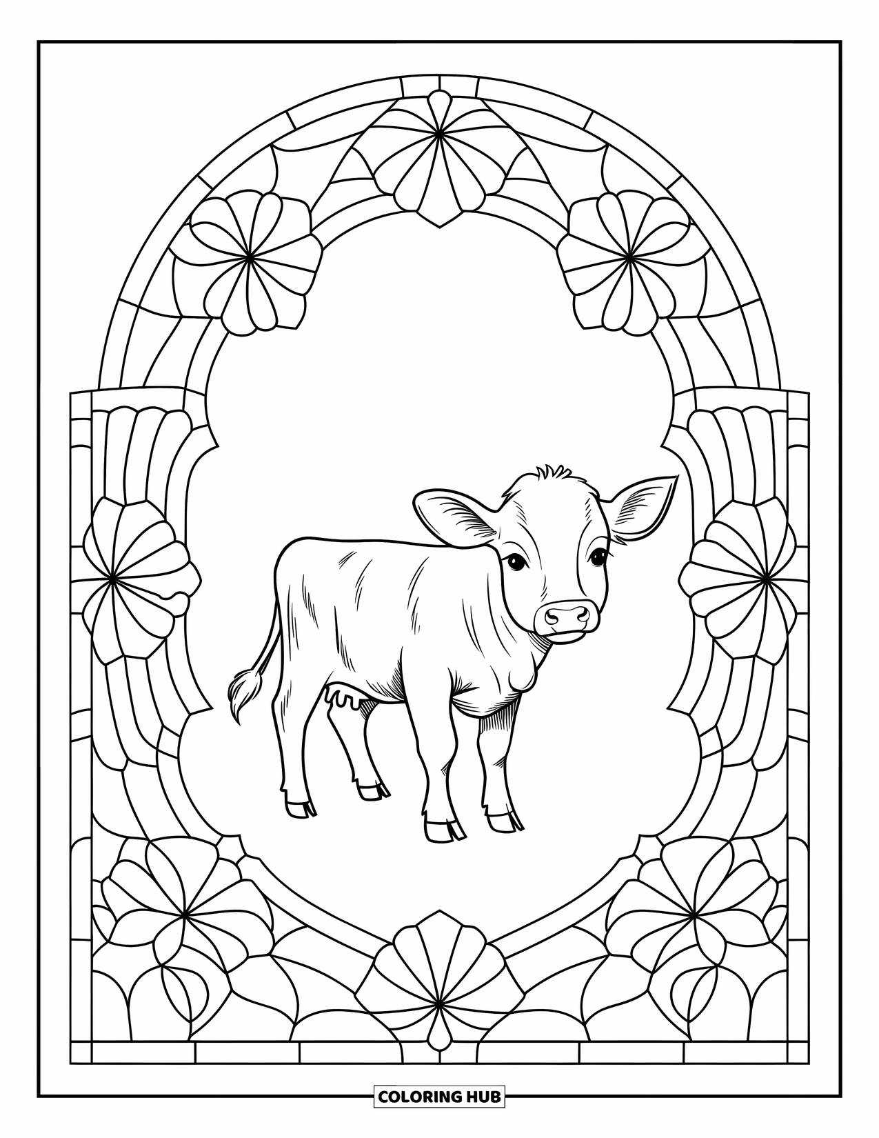 Baby Cow Coloring Page for Adults: A baby cow stands inside a stained glass frame with curving floral designs