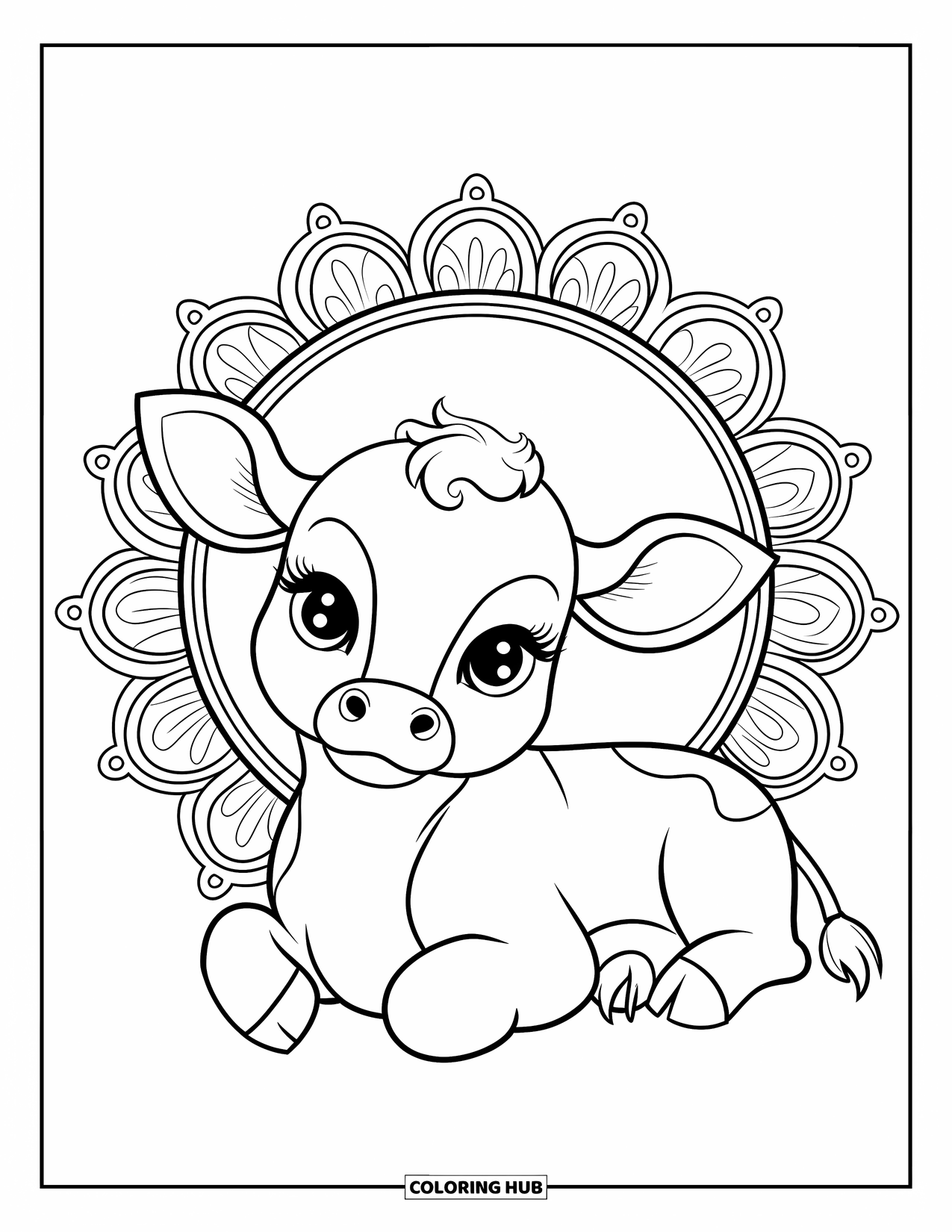 Baby Cow Coloring Page for Adults: A calm baby cow rests under a mandala halo with ornate lace borders