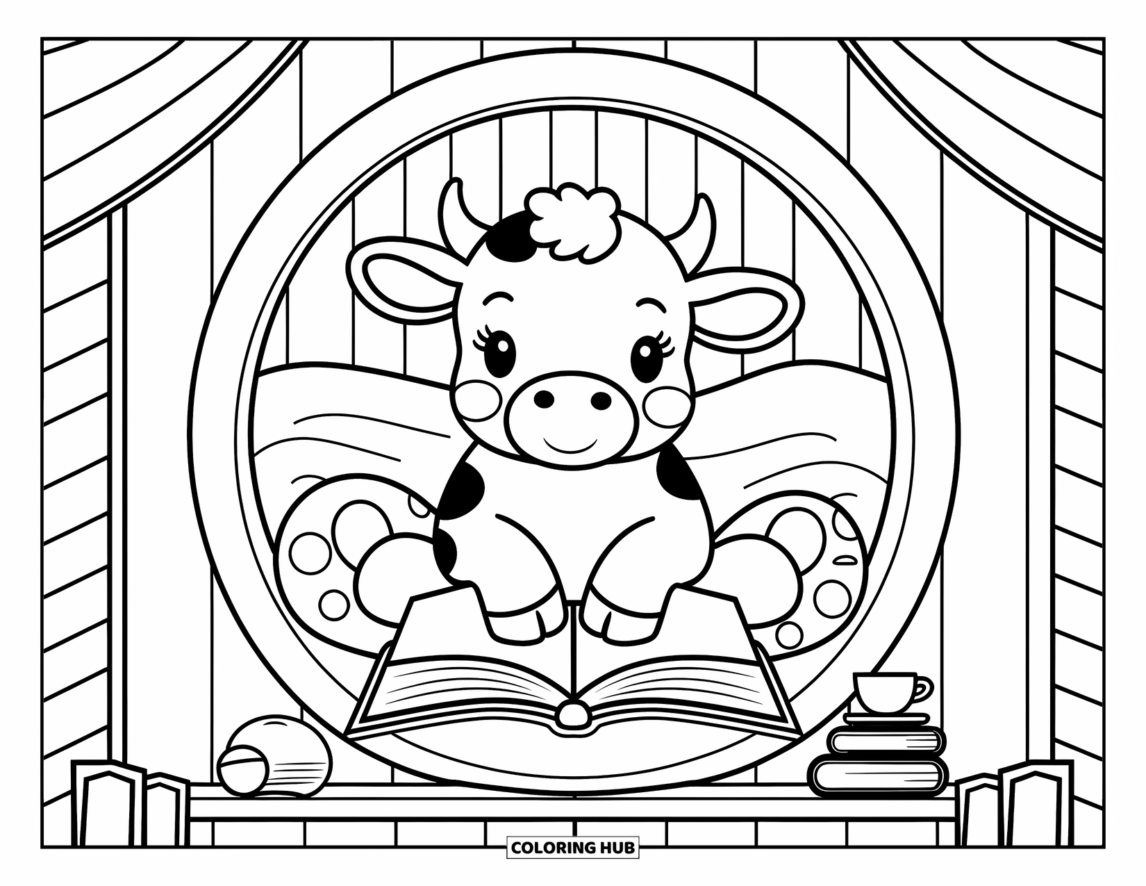 Baby Cow Coloring Page for Adults: A cozy baby cow reads by the window with teacups and books around