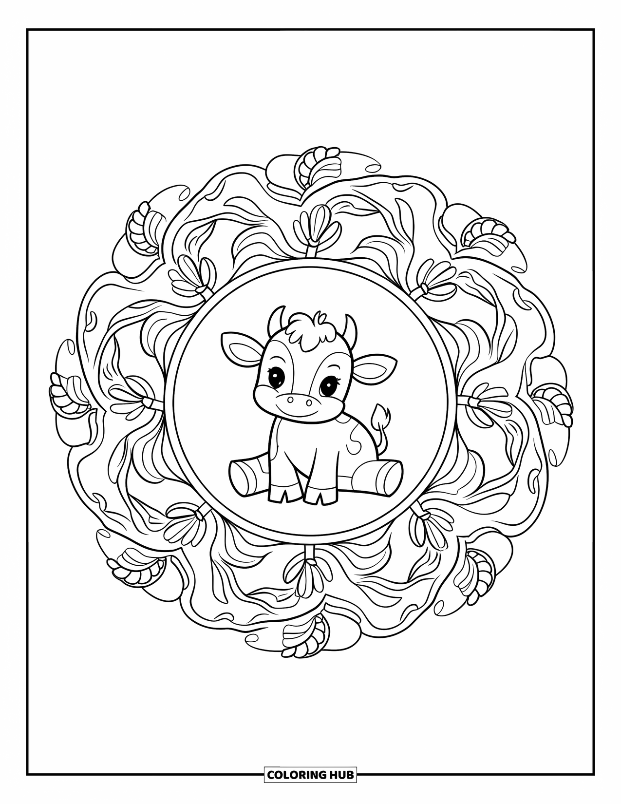 Baby Cow Coloring Page for Adults: A peaceful baby cow sits within a floral mandala with bold, clean outlines