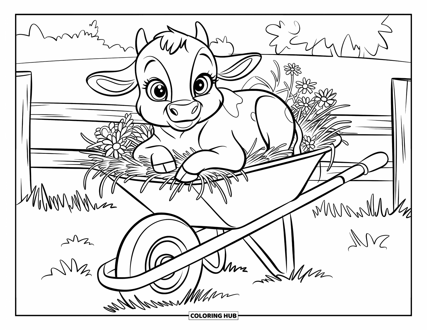 Baby Cow Coloring Page for Kids: A baby cow cozies up in a wheelbarrow on a grassy field near a fence