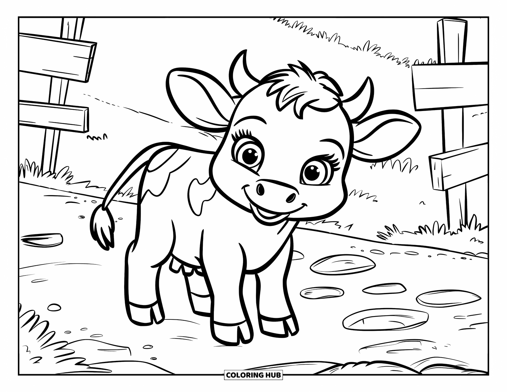 Baby Cow Coloring Page for Kids: A baby cow explores a stone path with wooden signs and green fields