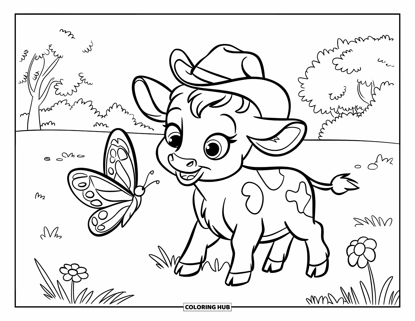 Baby Cow Coloring Page for Kids: A baby cow in a cowboy hat watches a butterfly in a quiet field