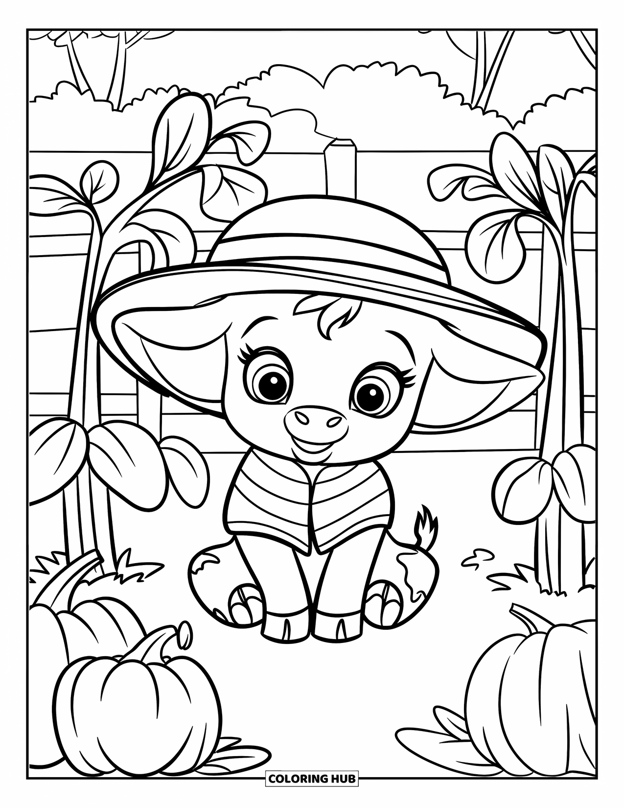 Baby Cow Coloring Page for Kids: A baby cow in a striped shirt rests near pumpkins and a white fence