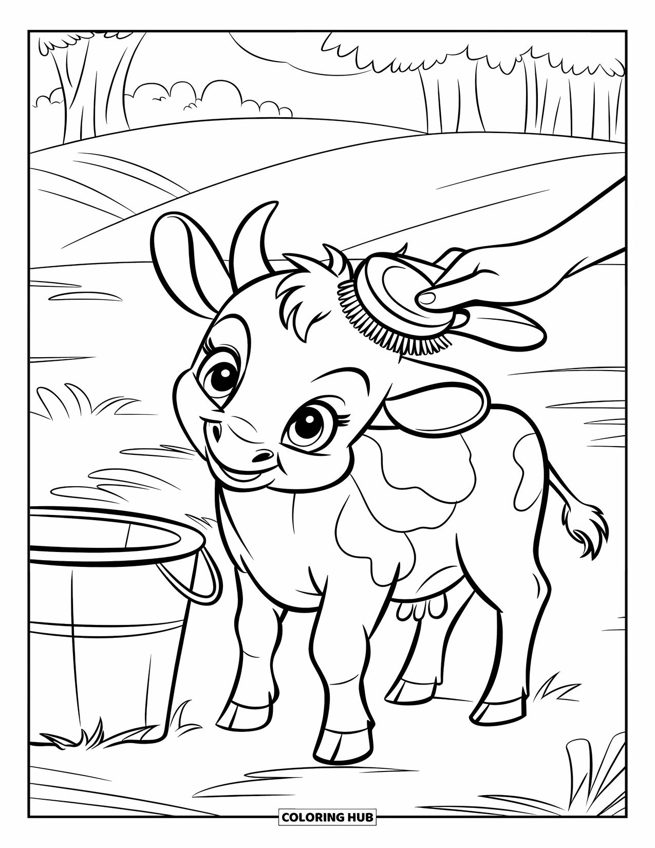 Baby Cow Coloring Page for Kids: A baby cow is being brushed near hills and trees