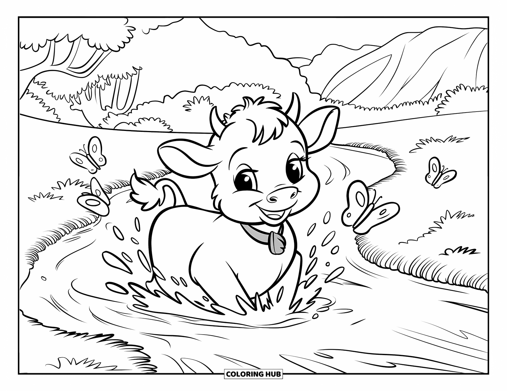 Baby Cow Coloring Page for Kids: A baby cow jumps through a stream with butterflies in a forest setting