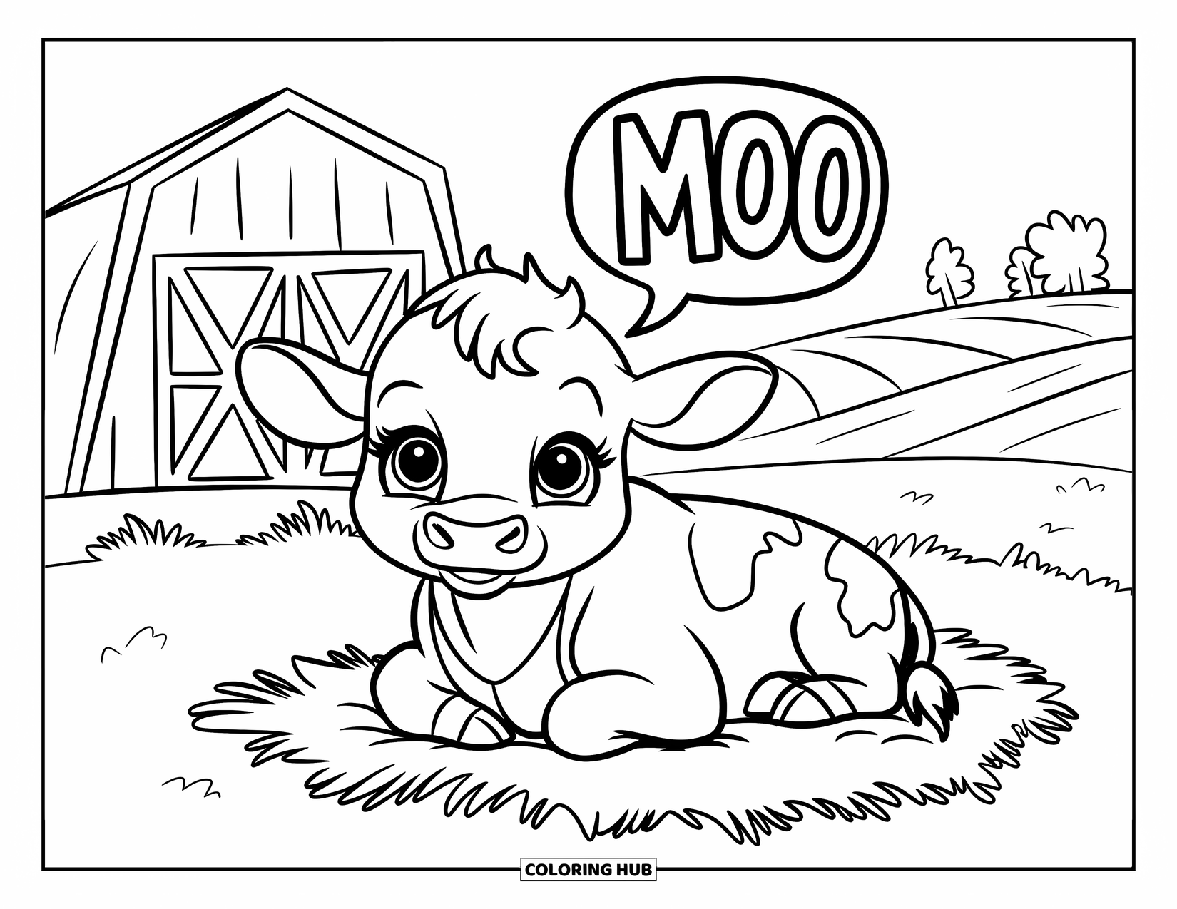 Baby Cow Coloring Page for Kids: A baby cow lies on hay and says “Moo” with hills and trees behind it