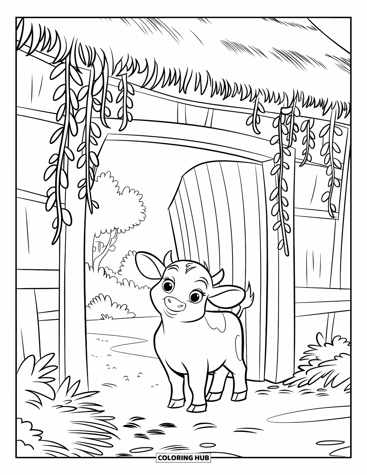 Baby Cow Coloring Page for Kids: A baby cow looks out from a wooden barn with vines and a grassy path