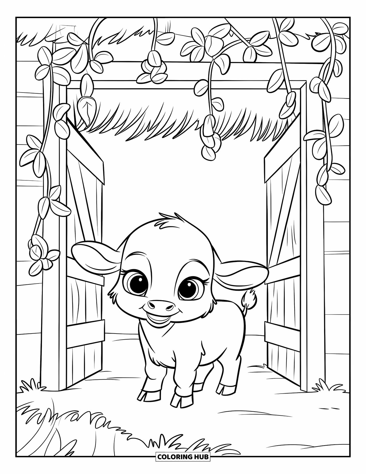 Baby Cow Coloring Page for Kids: A baby cow peeks out from a barn doorway framed by vines and flowers