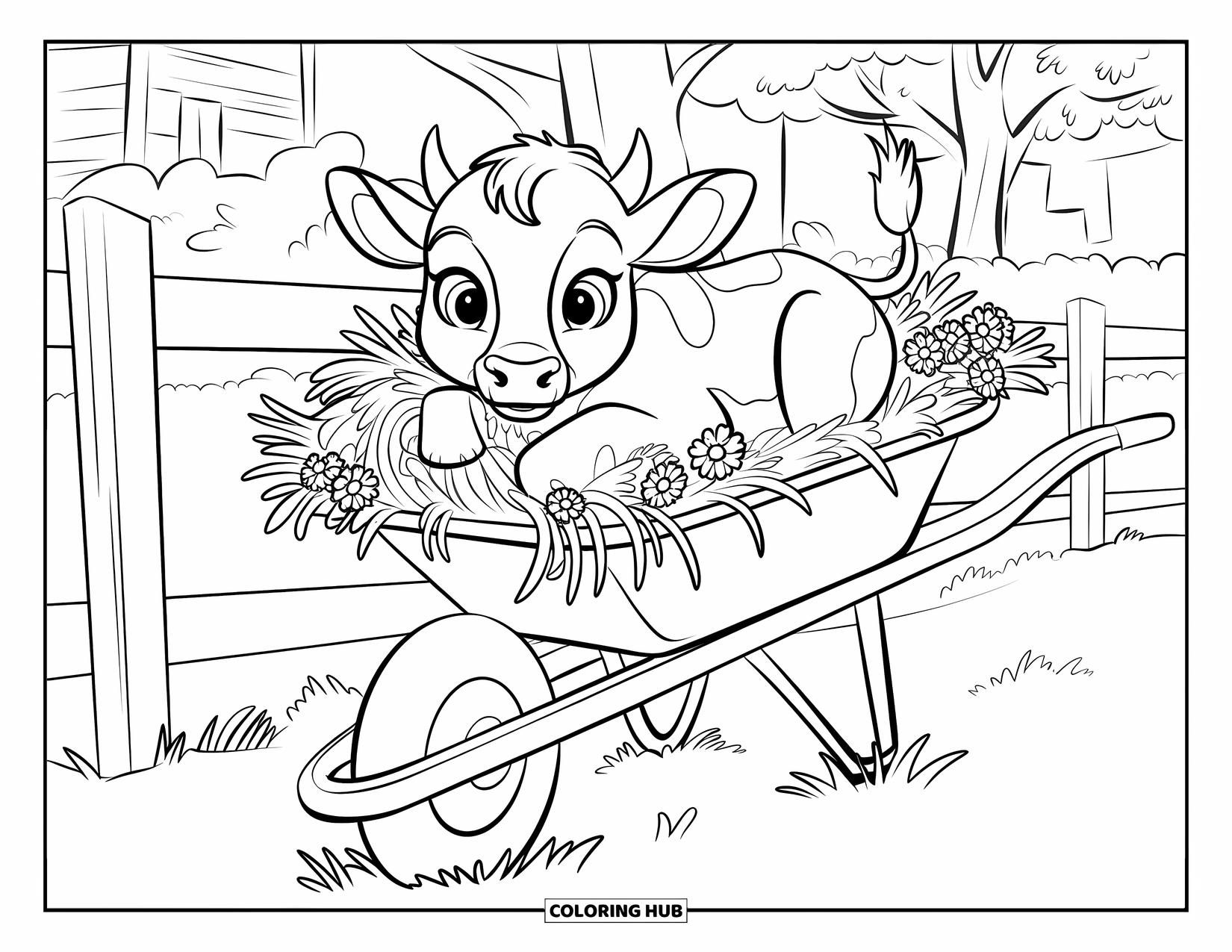 Baby Cow Coloring Page for Kids: A baby cow relaxes in a wheelbarrow beside trees and rustic buildings