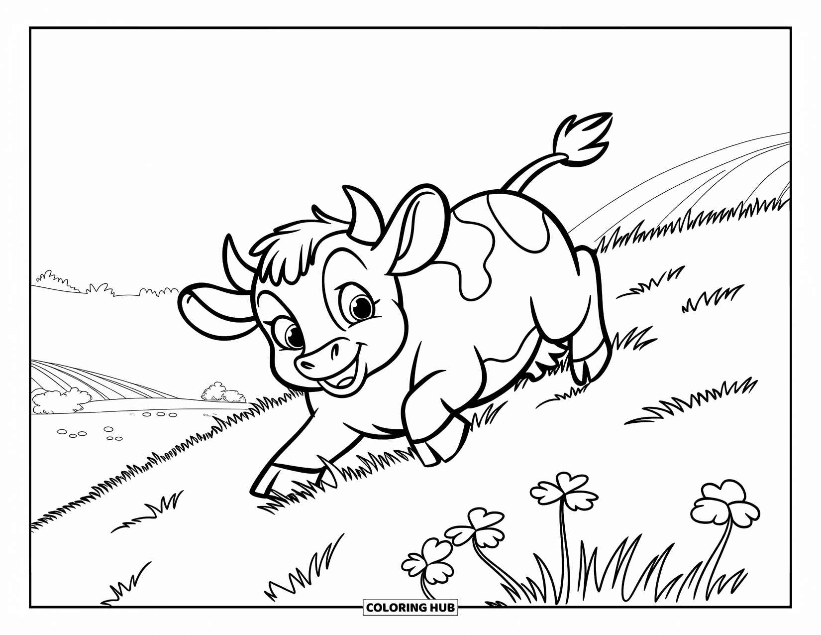Baby Cow Coloring Page for Kids: A baby cow rolls happily down a clover-covered hill
