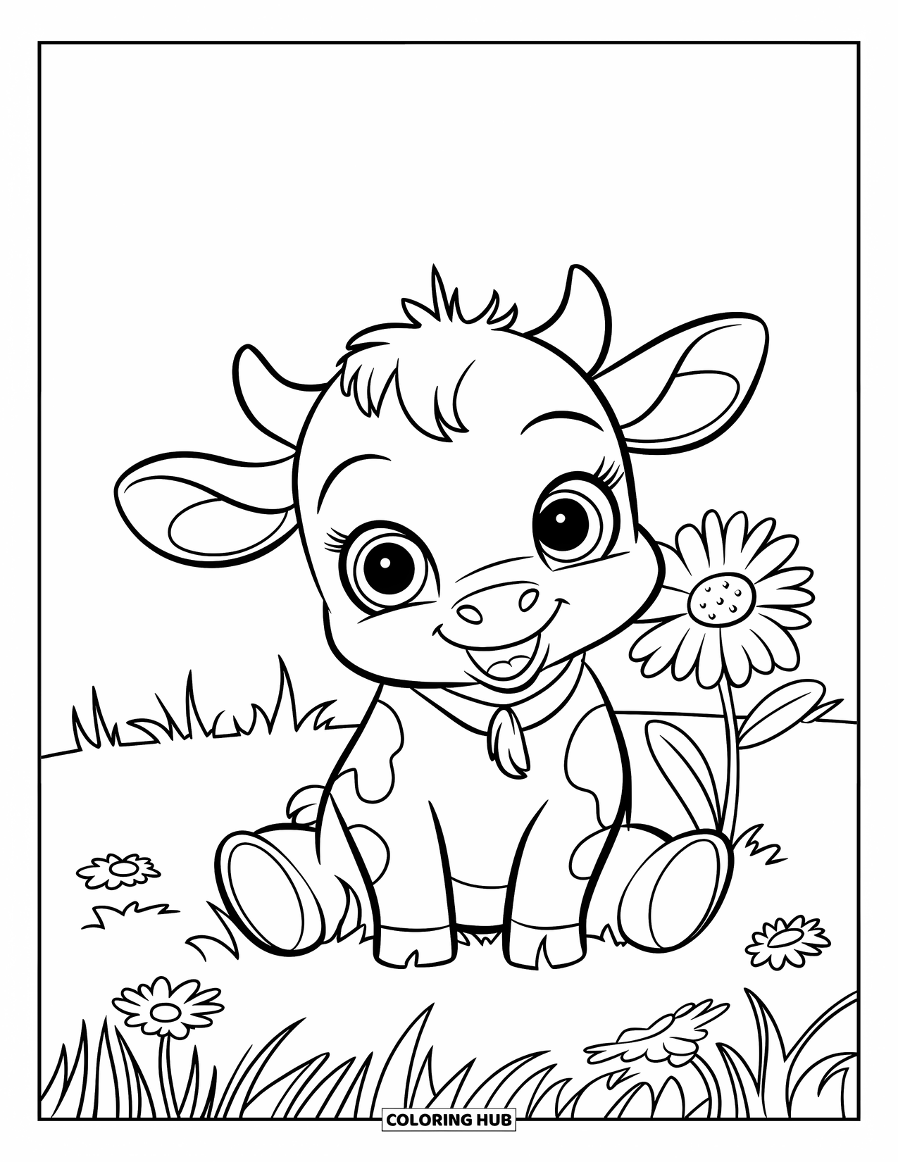 Baby Cow Coloring Page for Kids: A baby cow sits near a daisy in a field dotted with small flowers