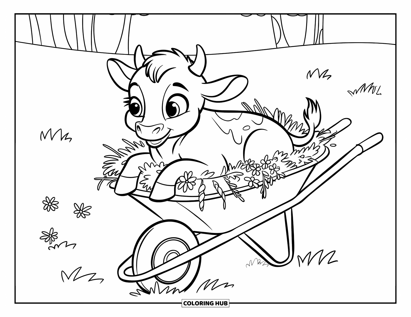 Baby Cow Coloring Page for Kids: A baby cow snuggles in a wheelbarrow surrounded by flowers and trees