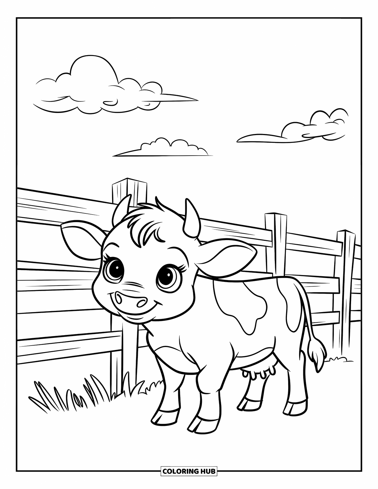Baby Cow Coloring Page for Kids: A baby cow stands beside a wooden fence with puffy clouds above