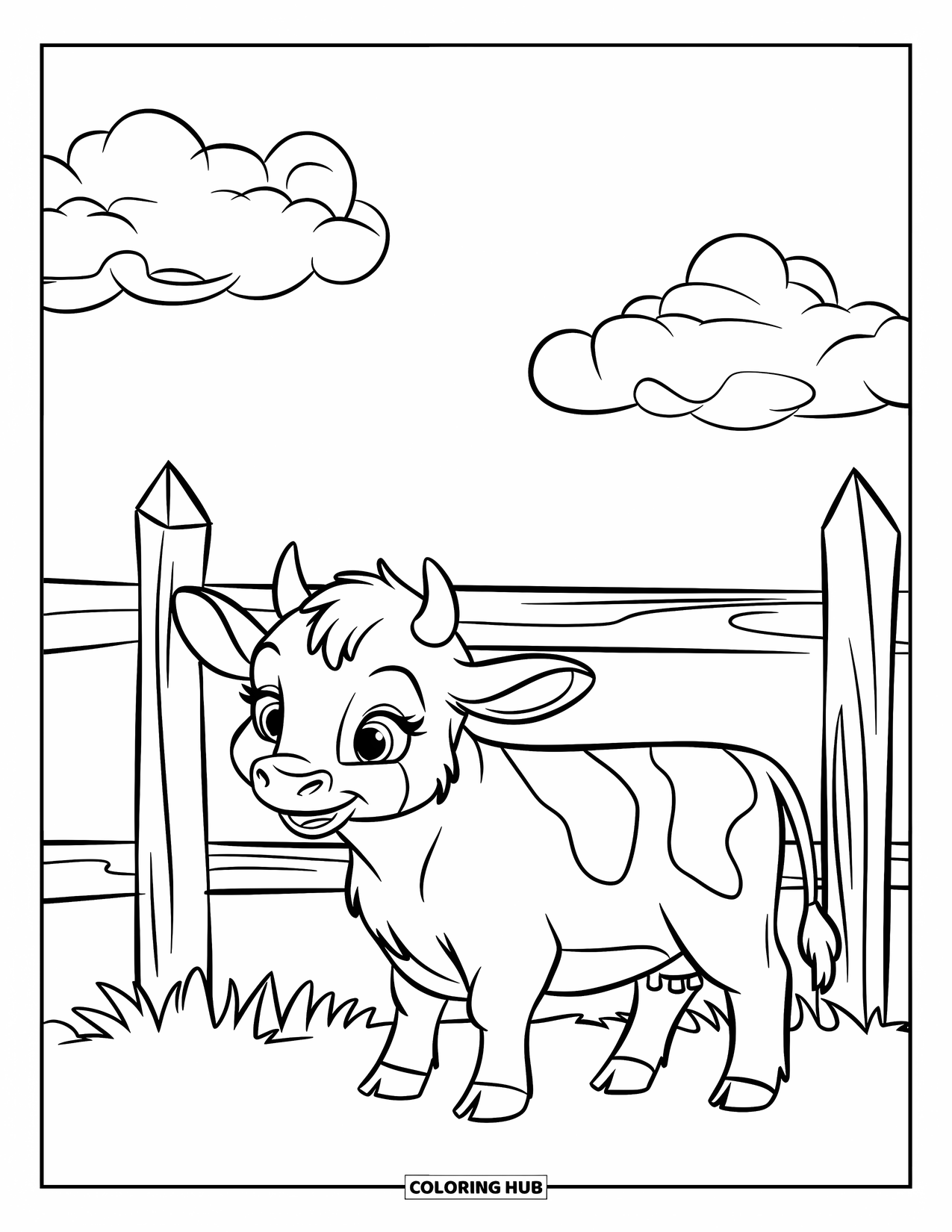 Baby Cow Coloring Page for Kids: A baby cow stands by a fence under a wide, open sky