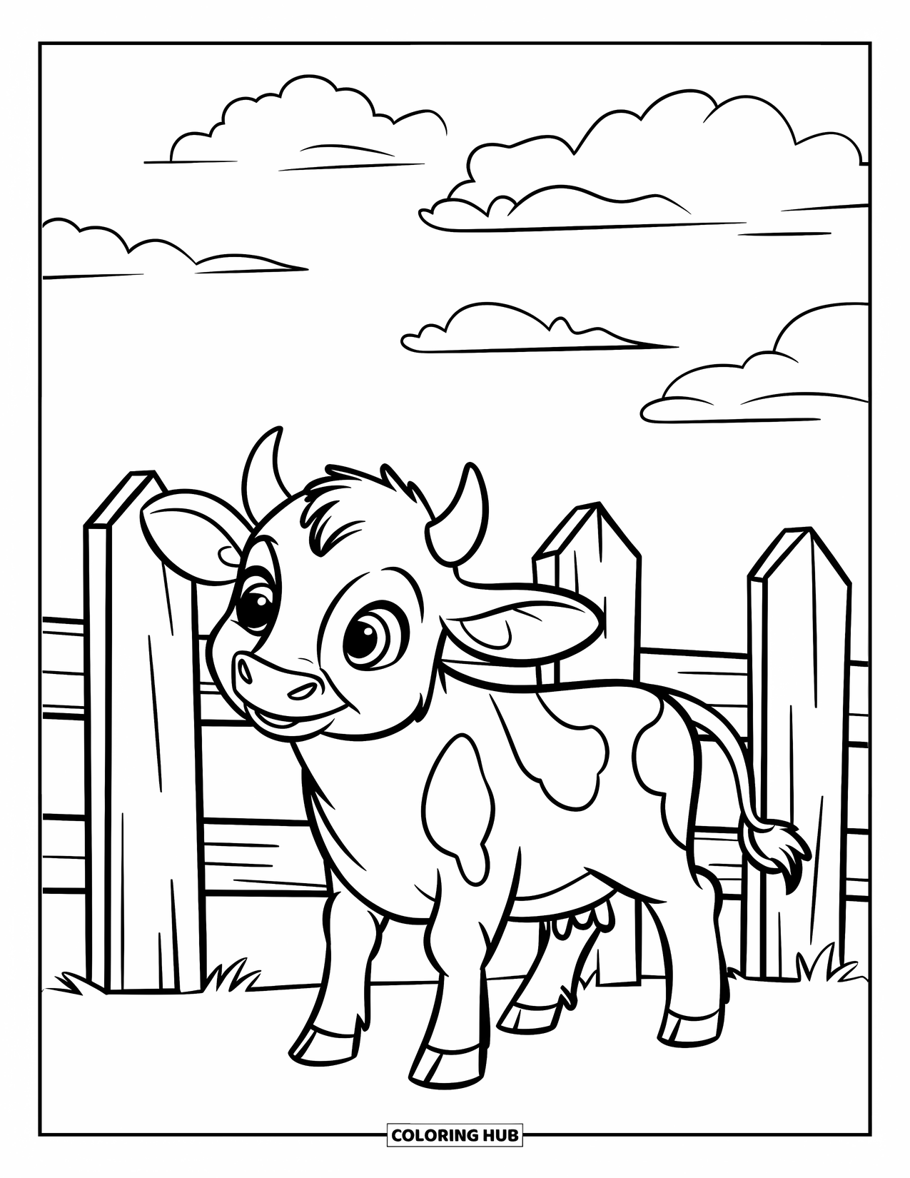 Baby Cow Coloring Page for Kids: A baby cow stands by a fence with fluffy clouds overhead