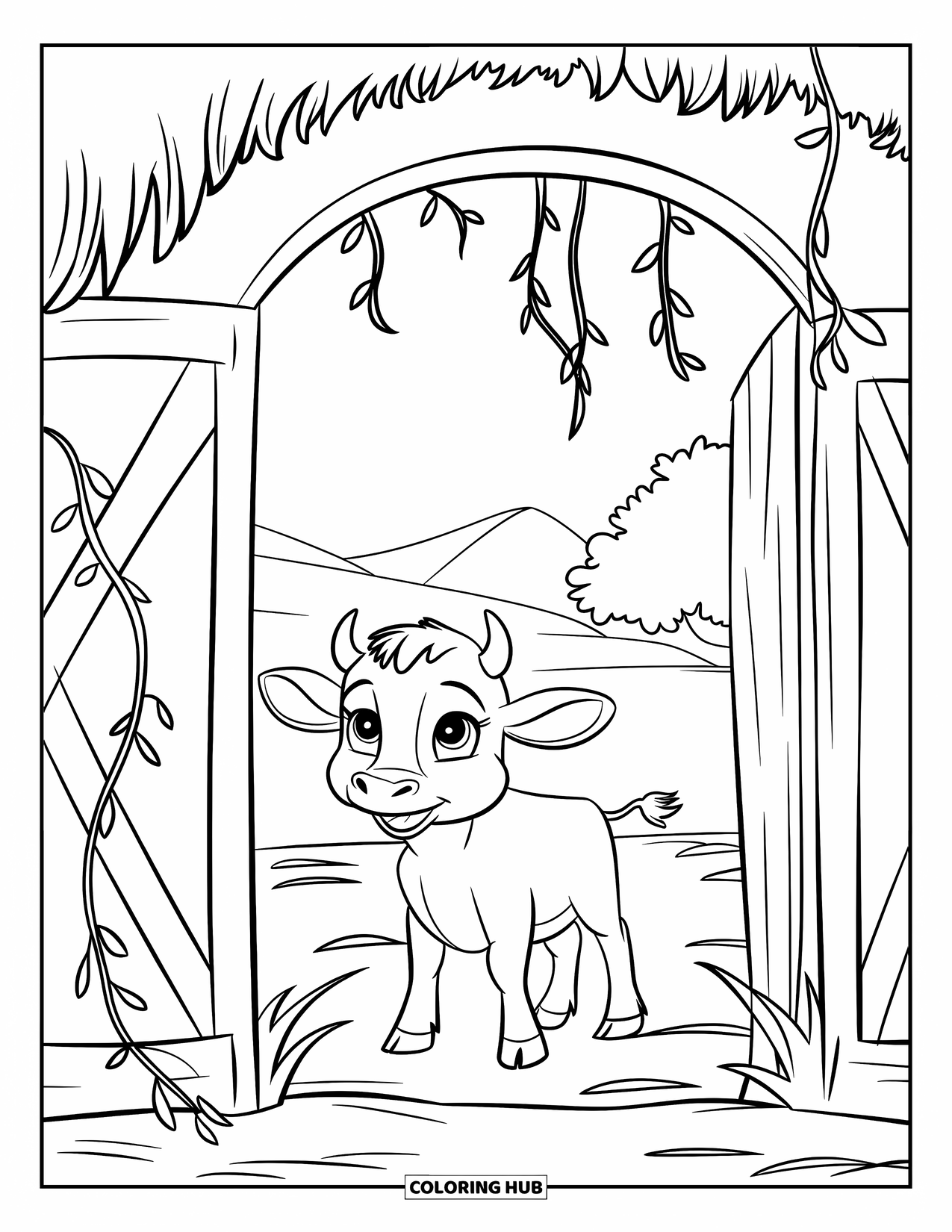 Baby Cow Coloring Page for Kids: A baby cow stands in a barn doorway with vines and mountain views