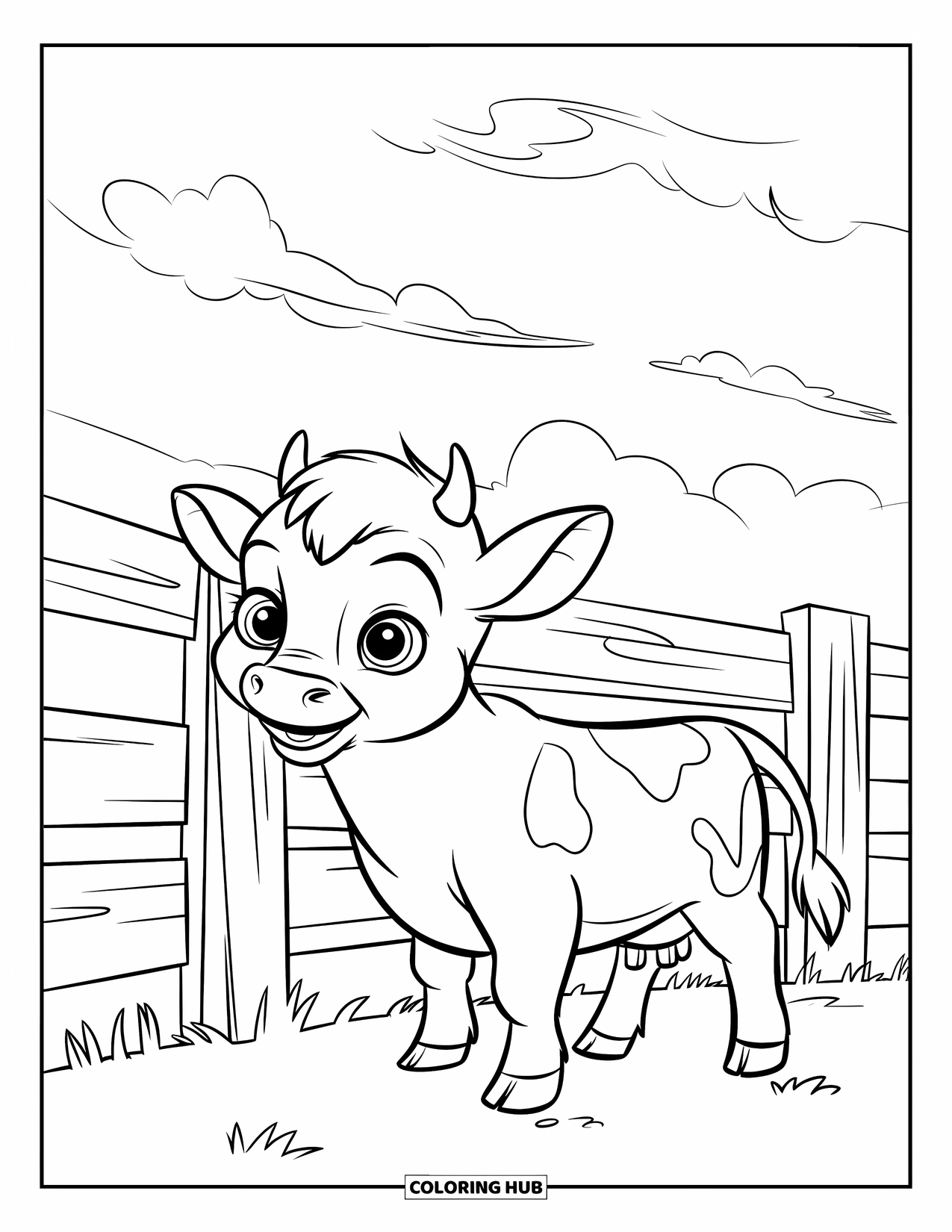 Baby Cow Coloring Page for Kids: A baby cow stands near a fence in a bright, grassy field