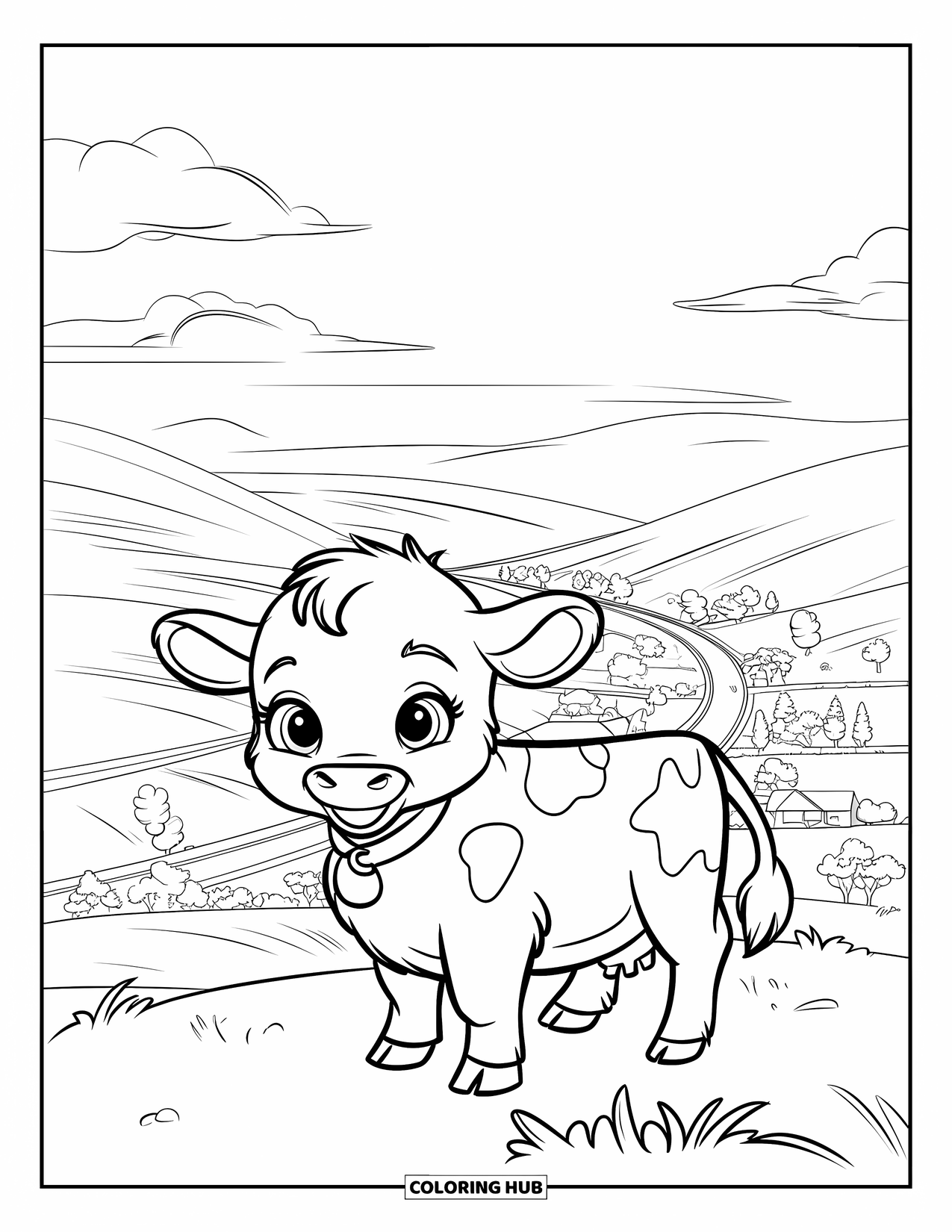 Baby Cow Coloring Page for Kids: A baby cow stands proudly on a hill overlooking a peaceful farm valley
