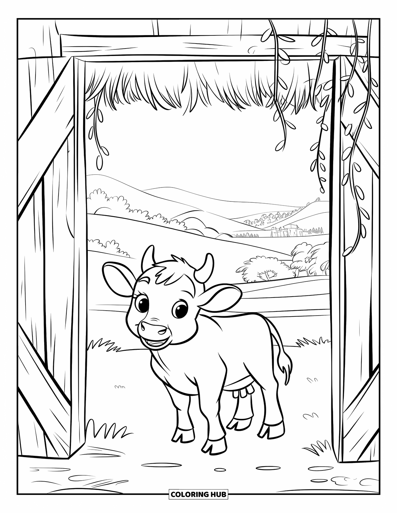Baby Cow Coloring Page for Kids: A baby cow stands under a thatched roof barn surrounded by hills and trees