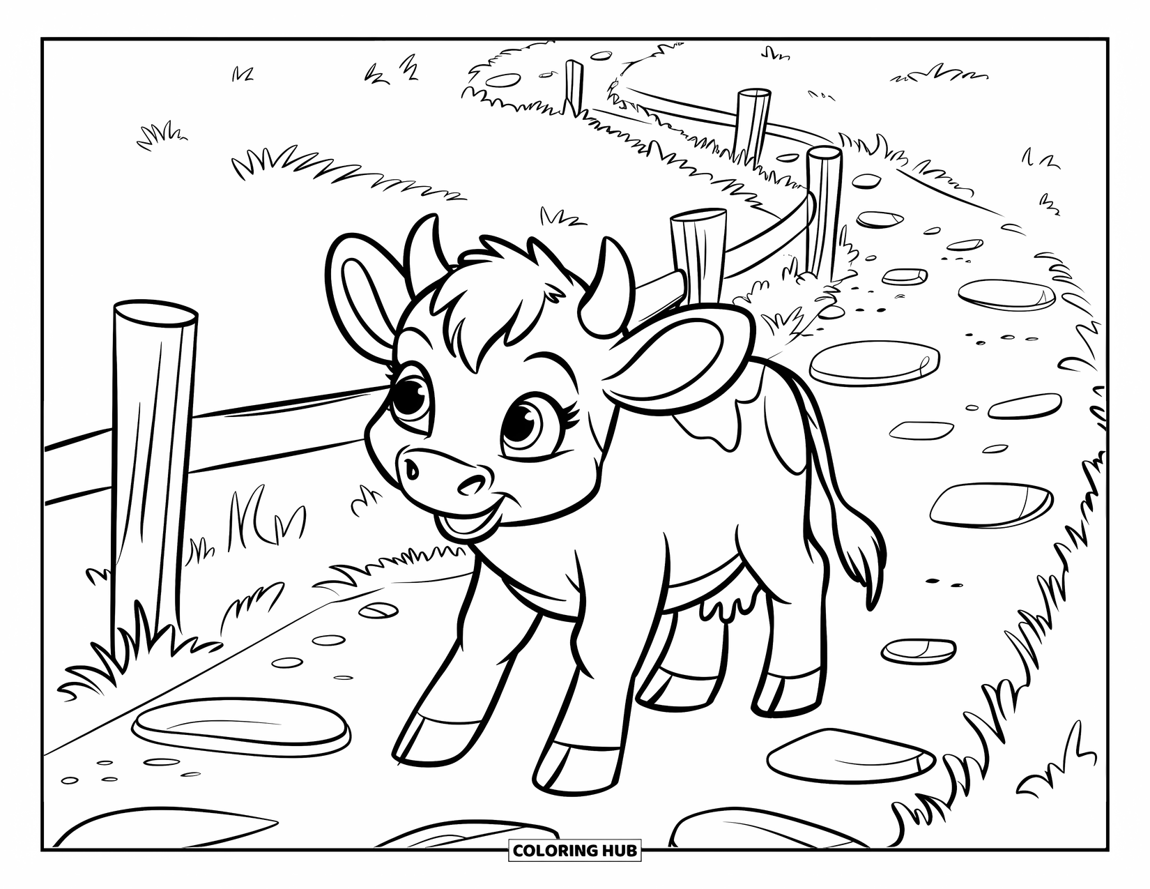 Baby Cow Coloring Page for Kids: A baby cow strolls down a path lined with signs in a grassy field