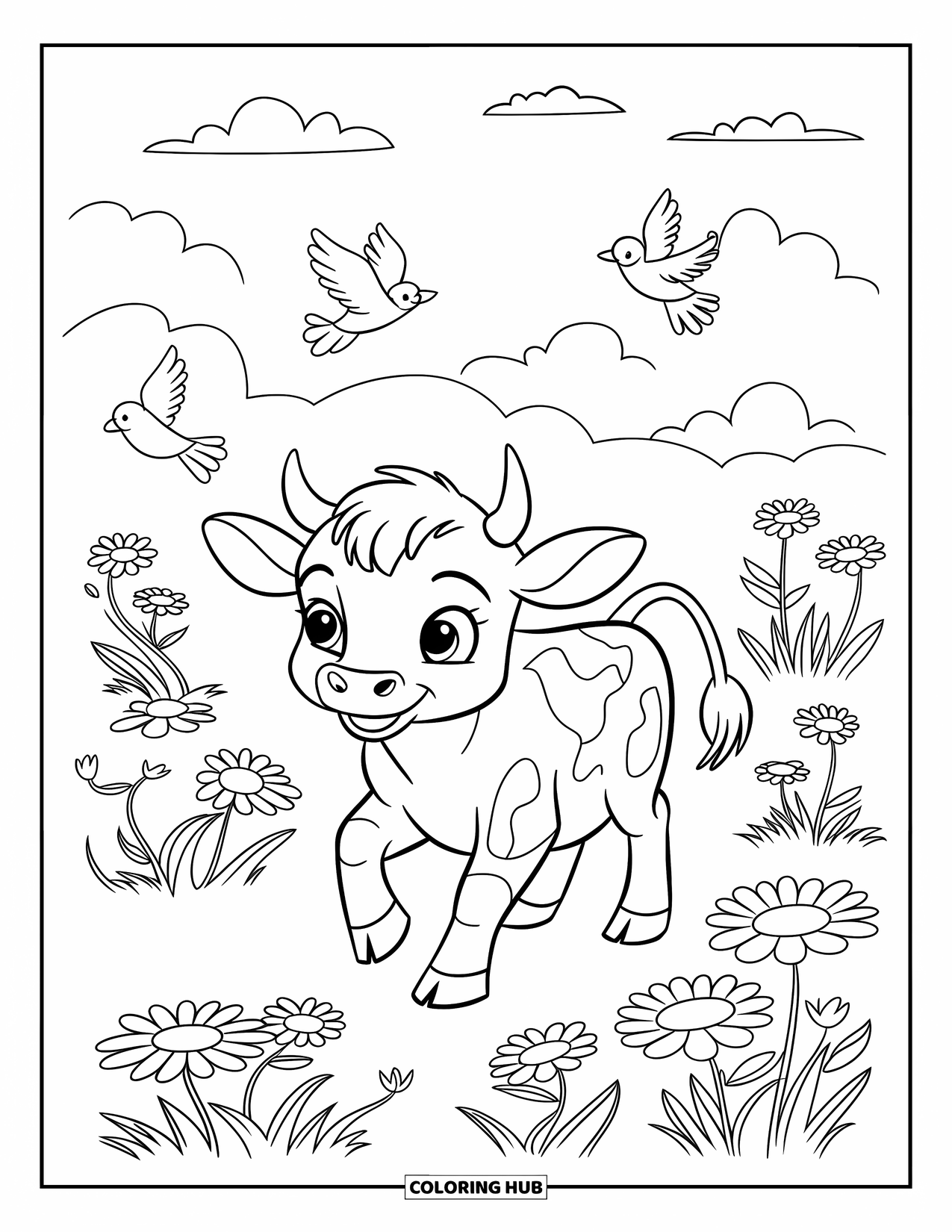 Baby Cow Coloring Page for Kids: A baby cow strolls through a meadow full of flowers and birds