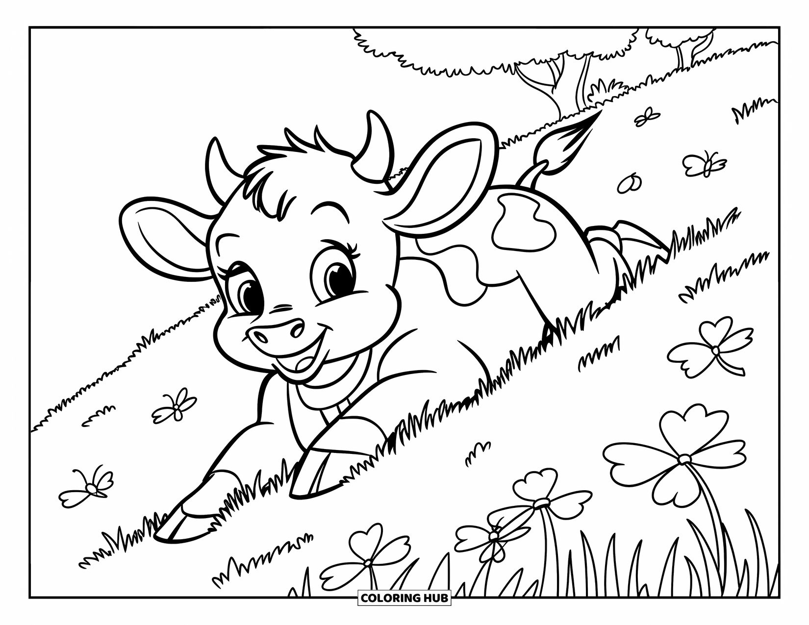 Baby Cow Coloring Page for Kids: A baby cow tumbles playfully on a clover-covered hill with butterflies