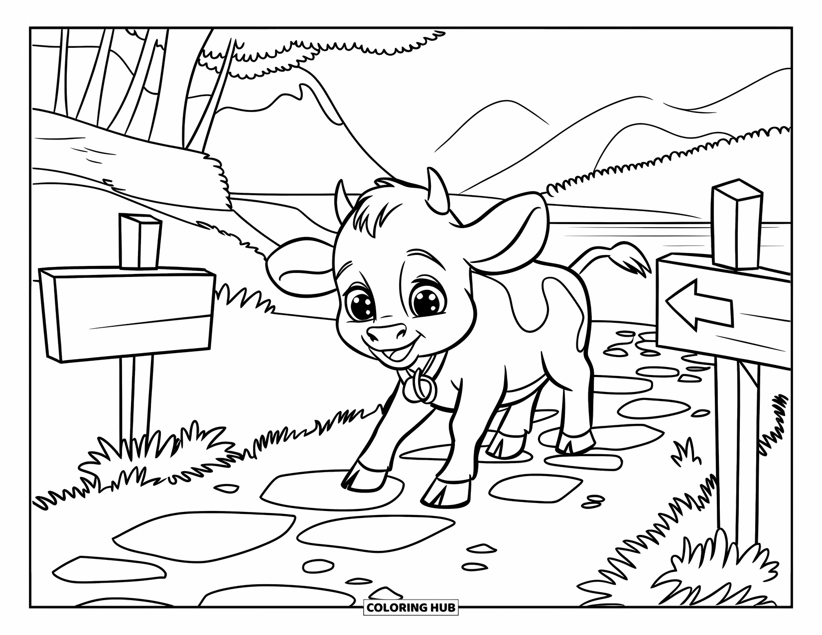Baby Cow Coloring Page for Kids: A baby cow walks along a path with stones and signs under a bright sky