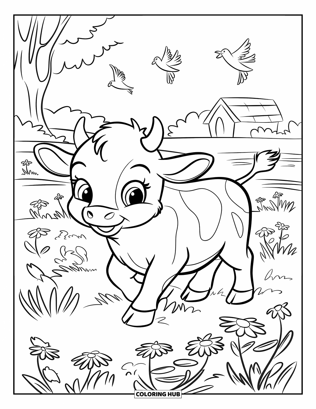 Baby Cow Coloring Page for Kids: A baby cow walks through a field of flowers while birds fly overhead