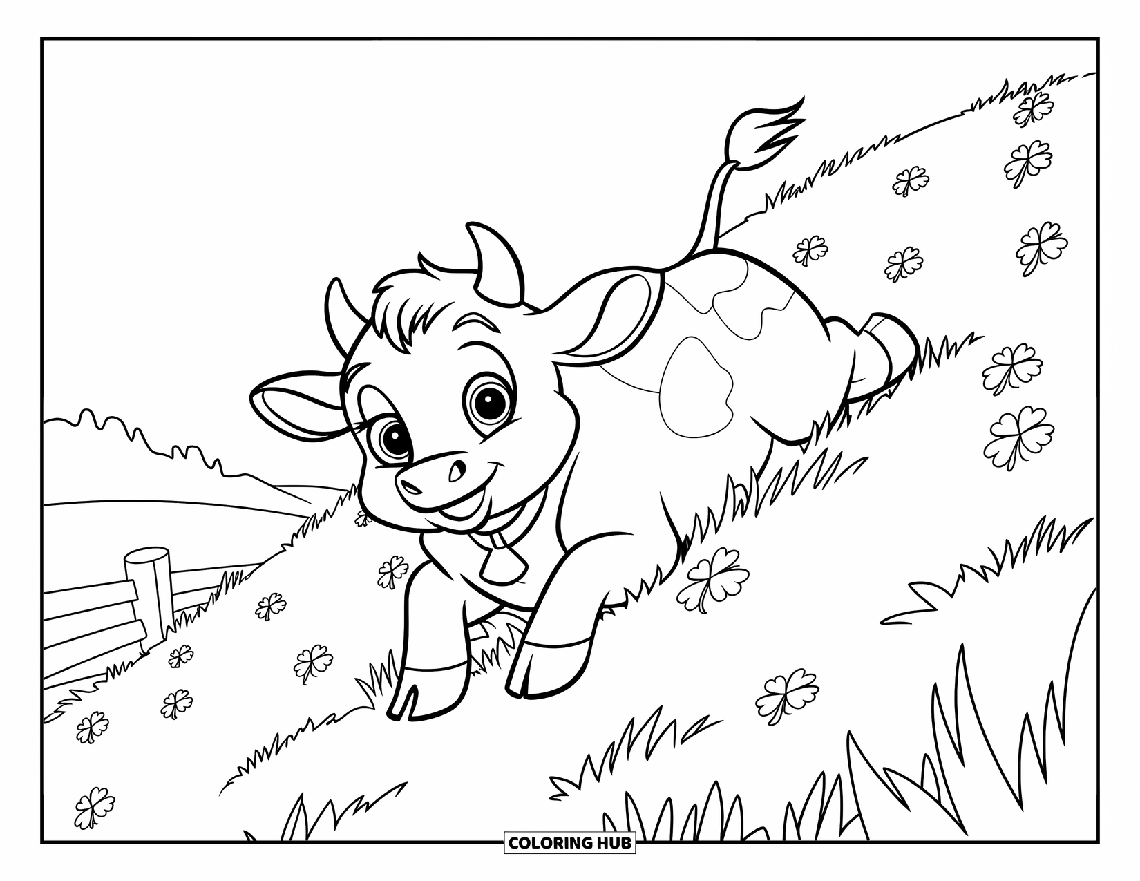 Baby Cow Coloring Page for Kids: A baby cow with a collar rolls down a hill filled with clovers and trees