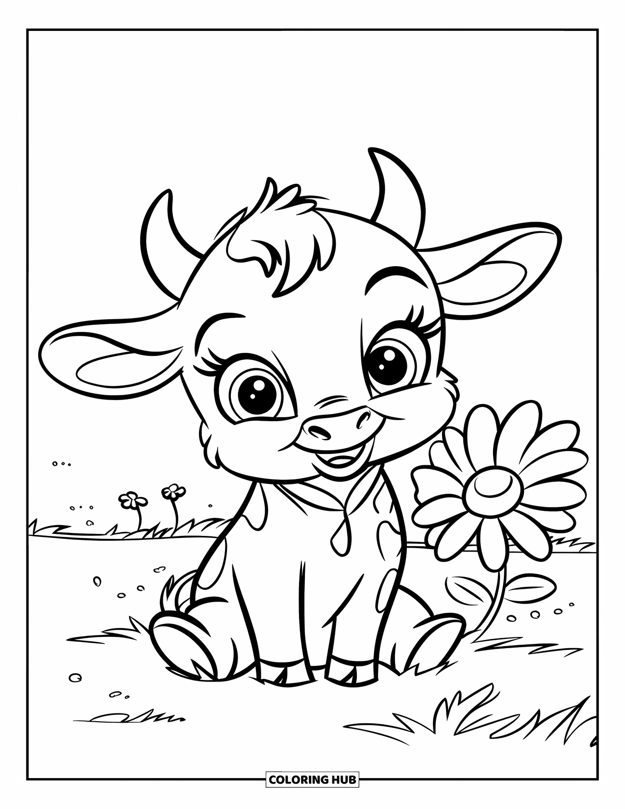 Baby Cow Coloring Page for Kids: A baby cow with a green collar sits by a daisy in a quiet meadow