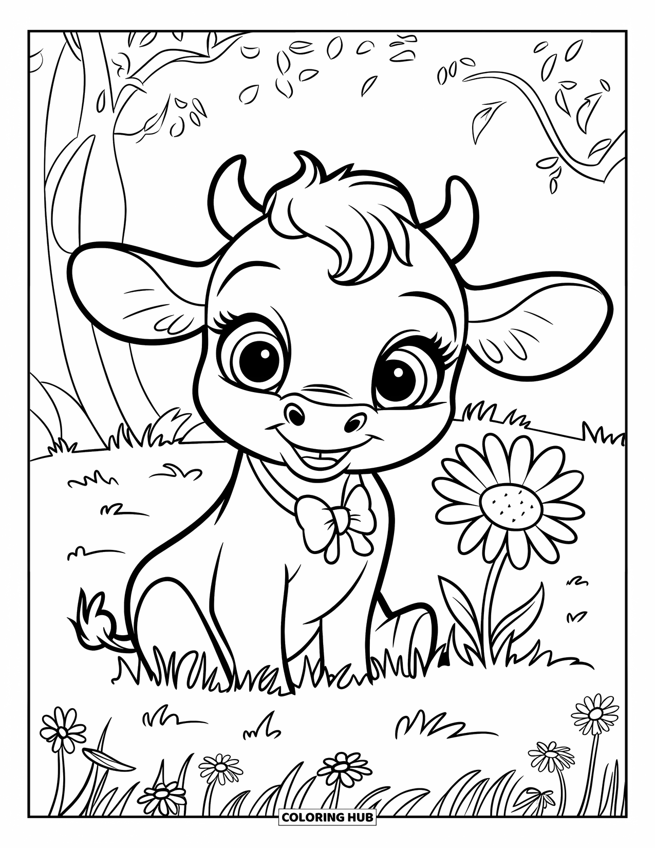 Baby Cow Coloring Page for Kids: A baby cow with a pink bow rests near a daisy in a flower-filled field