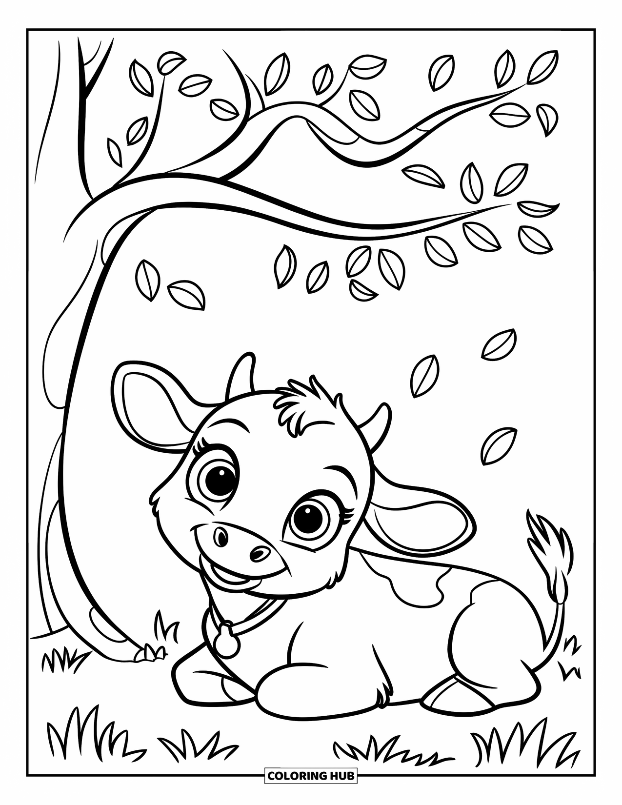 Baby Cow Coloring Page for Kids: A baby cow with a red collar lies under a tree with drifting leaves