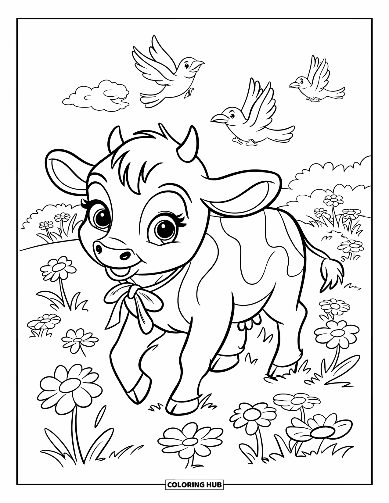 Baby Cow Coloring Page for Kids: A baby cow with a ribbon walks through flowers under a bright sky