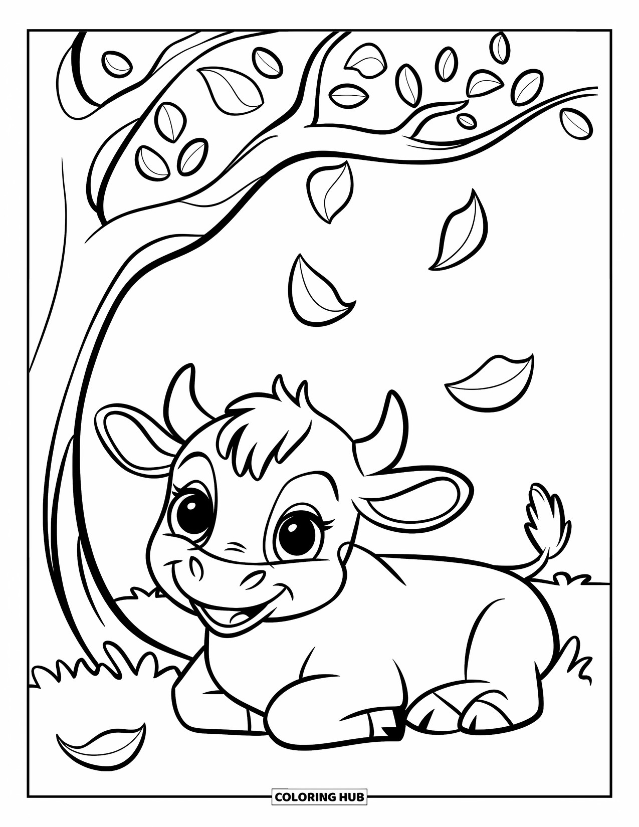 Baby Cow Coloring Page for Kids: A baby cow with short legs naps under a tree in a peaceful field