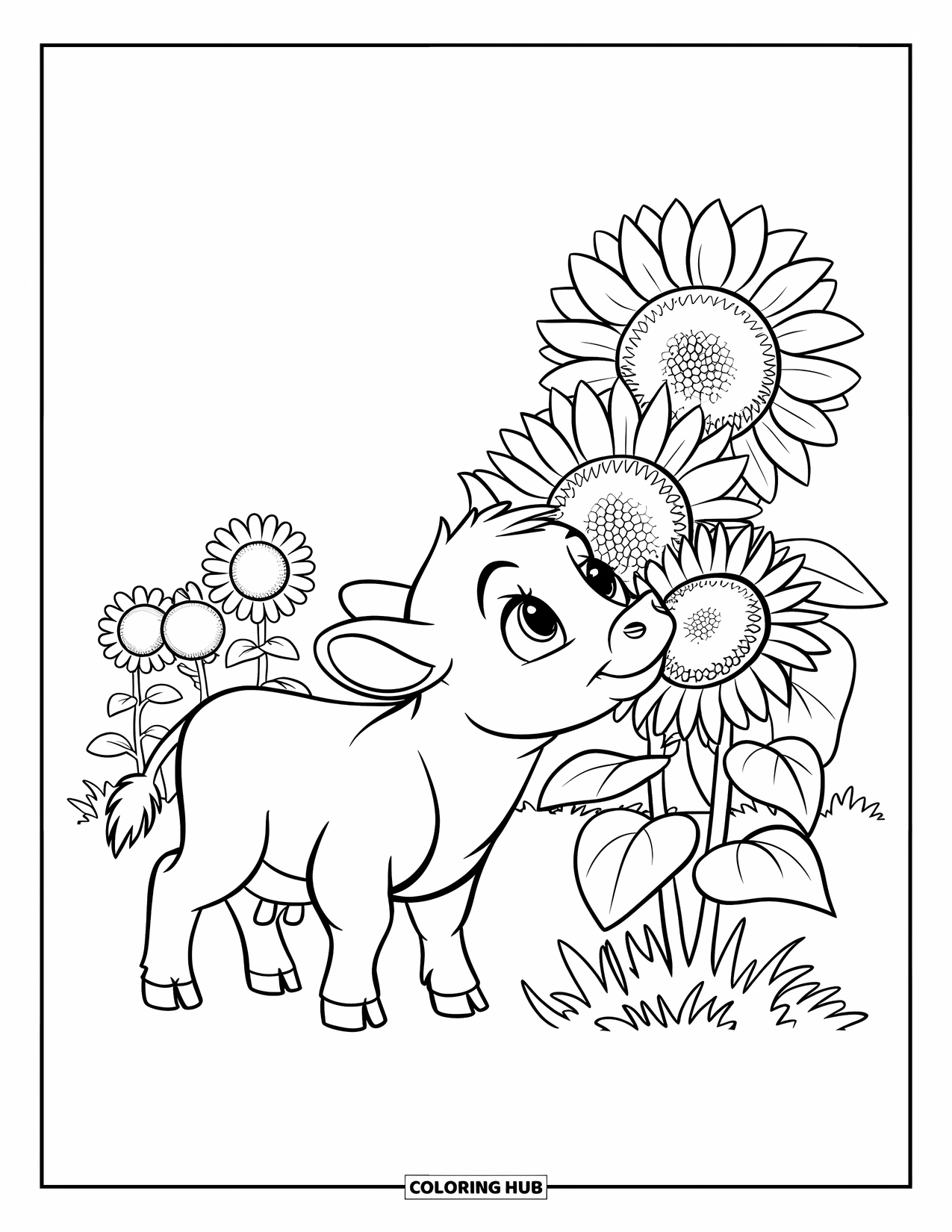 Baby Cow Coloring Page for Kids: A fluffy baby cow smells tall sunflowers in a field of blooms
