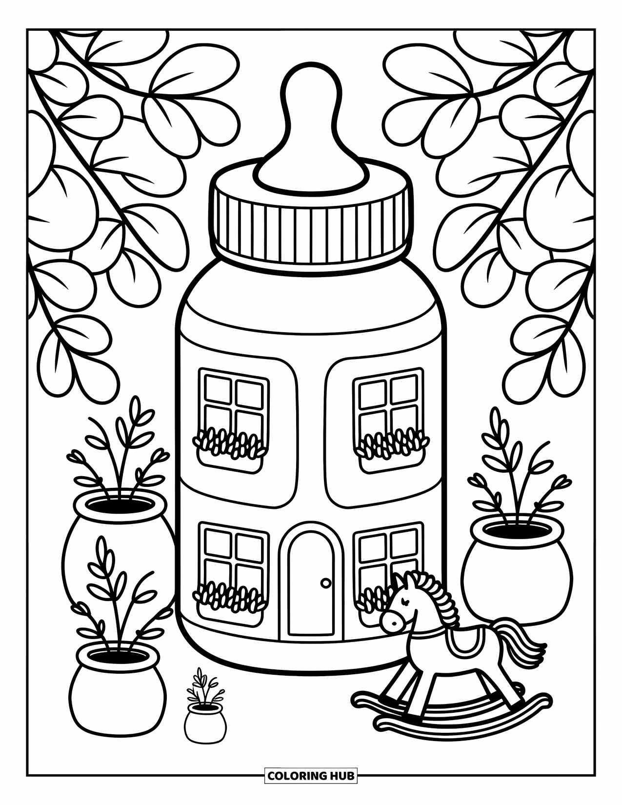 Baby Shower Coloring Page for Adults: A big baby bottle becomes a cozy house with plants and a playful rocking horse