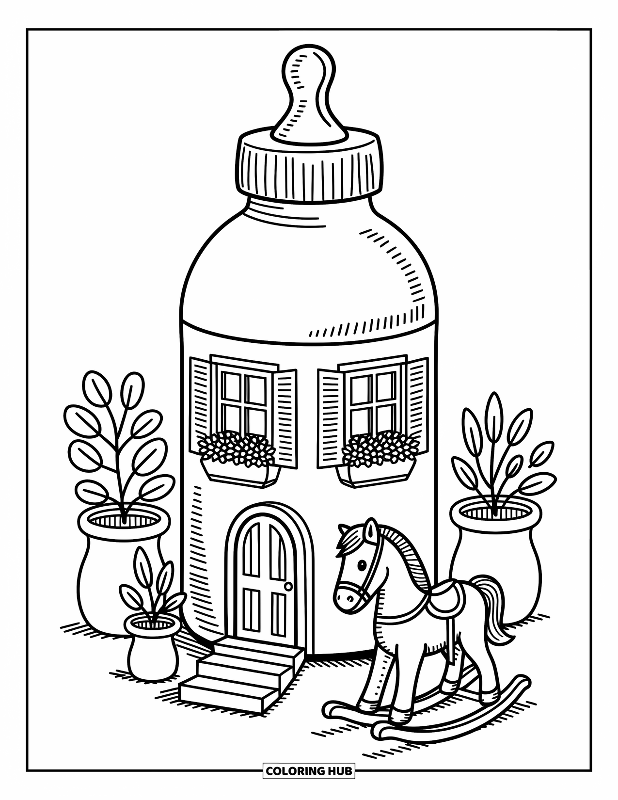 Baby Shower Coloring Page for Adults: A bottle house with a little door and rocking horse makes a playful, cozy scene