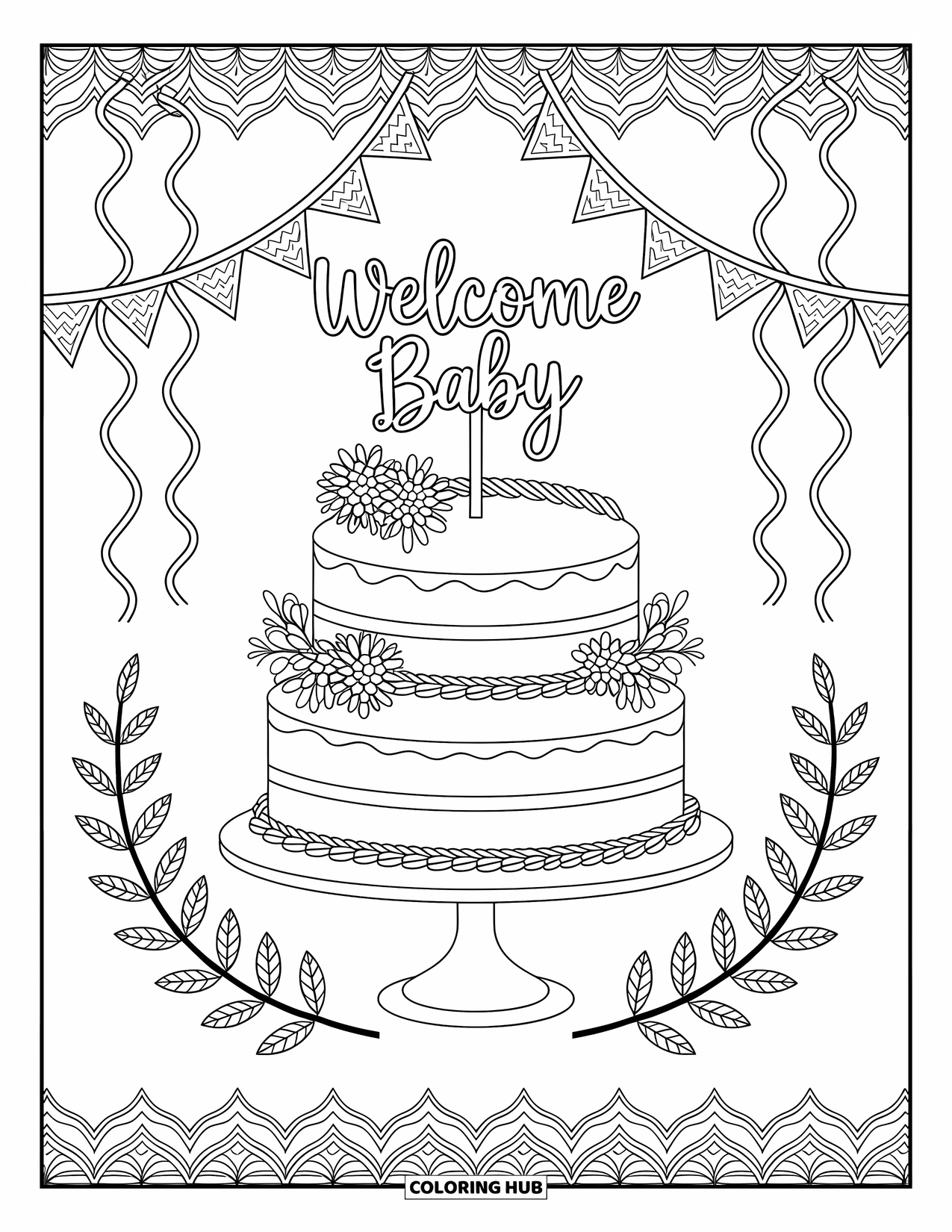 Baby Shower Coloring Page for Adults: A cake on a stand is surrounded by intricate patterns, streamers, and floral touches