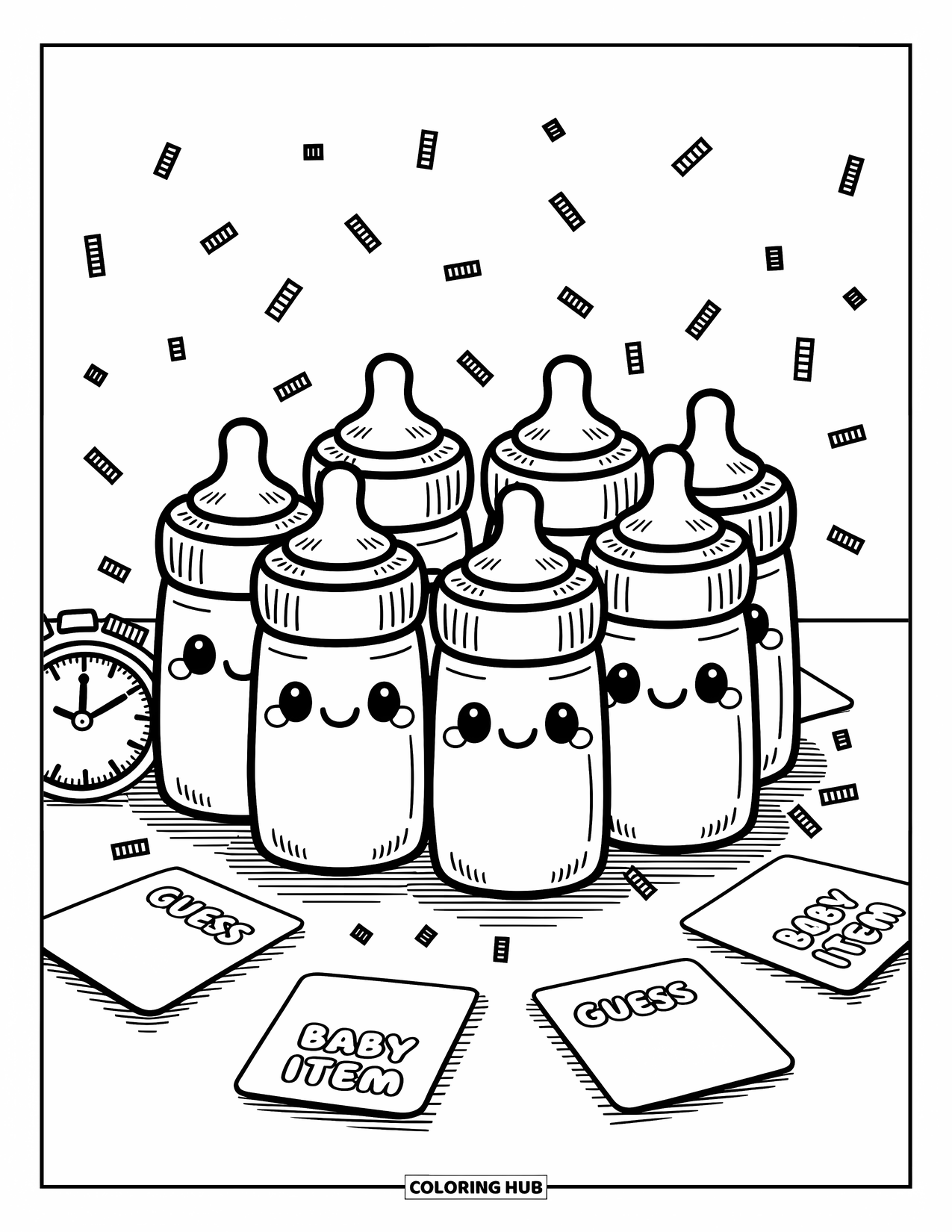 Baby Shower Coloring Page for Adults: A circle of baby bottles enjoys a cute game with confetti and "Guess the Baby Item" cards