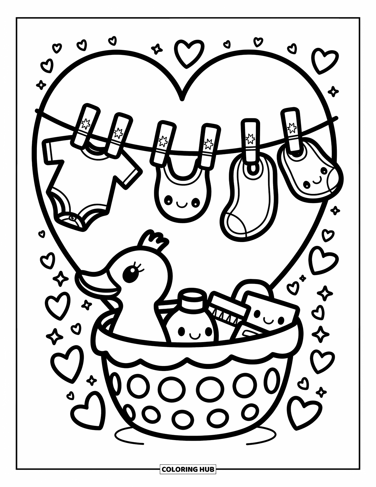 Baby Shower Coloring Page for Adults: A clothesline with tiny baby outfits hangs above a duck-shaped basket filled with cuteness