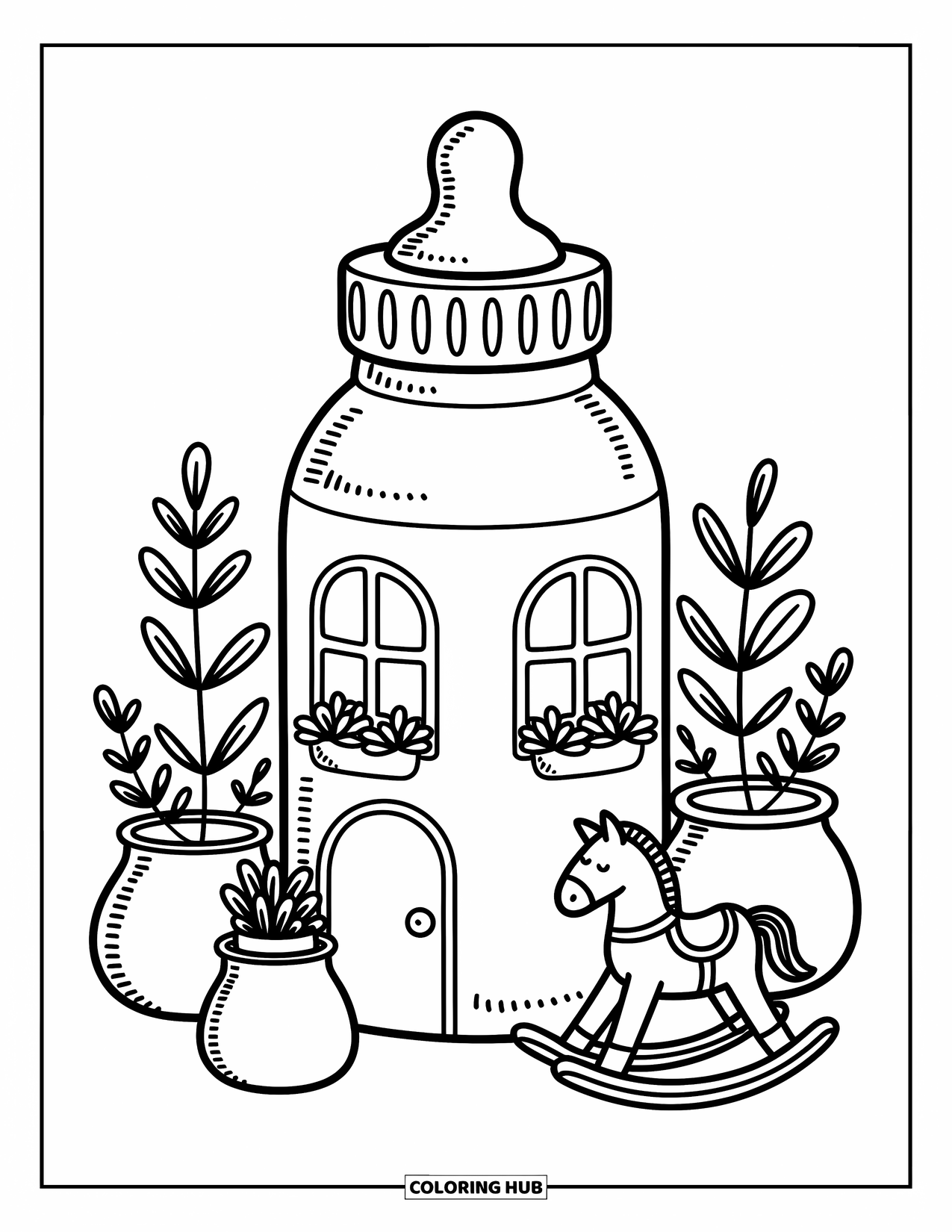 Baby Shower Coloring Page for Adults: A cozy bottle-shaped house is surrounded by tiny plants and a cheerful rocking horse