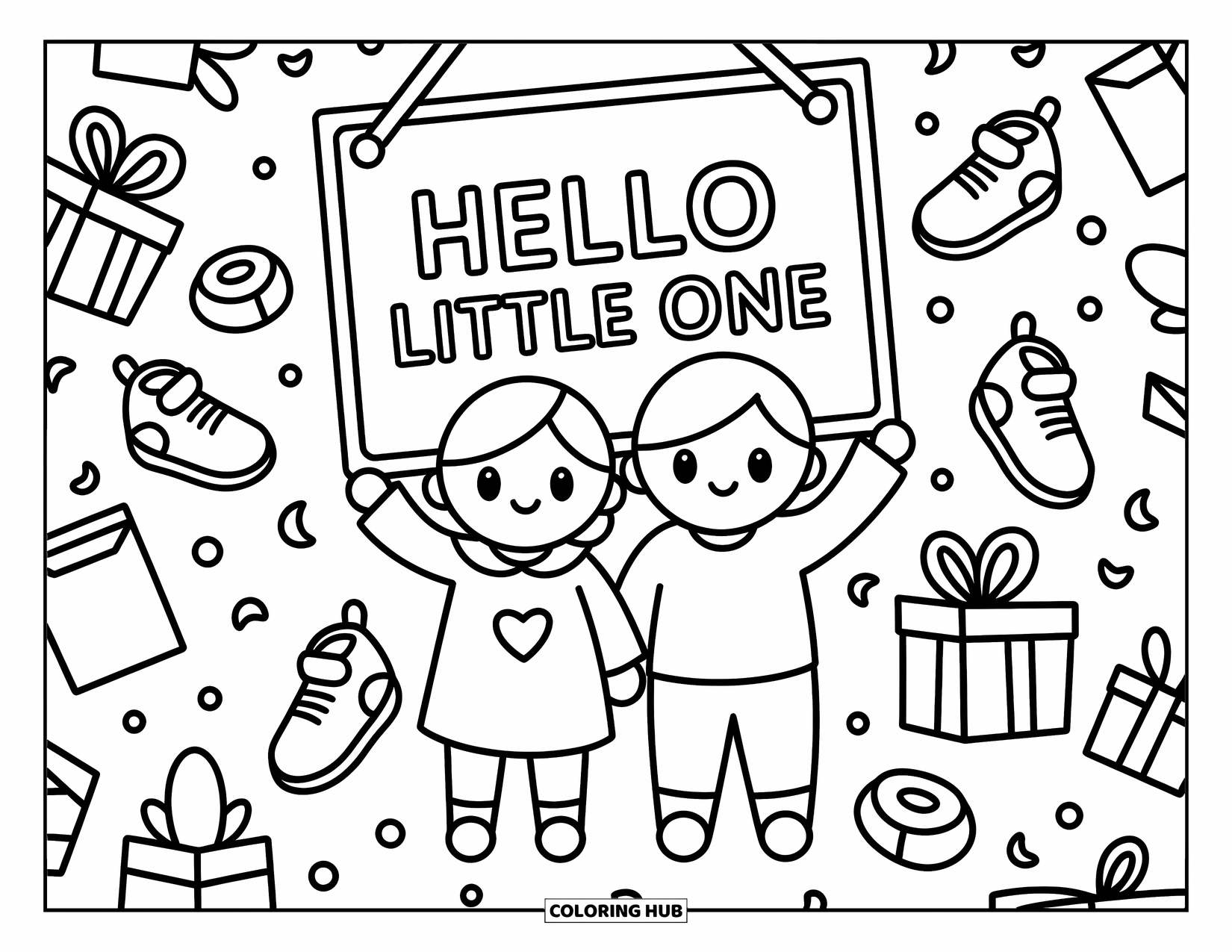 Baby Shower Coloring Page for Adults: A cozy couple stands with a welcome sign, surrounded by baby gifts and playful confetti